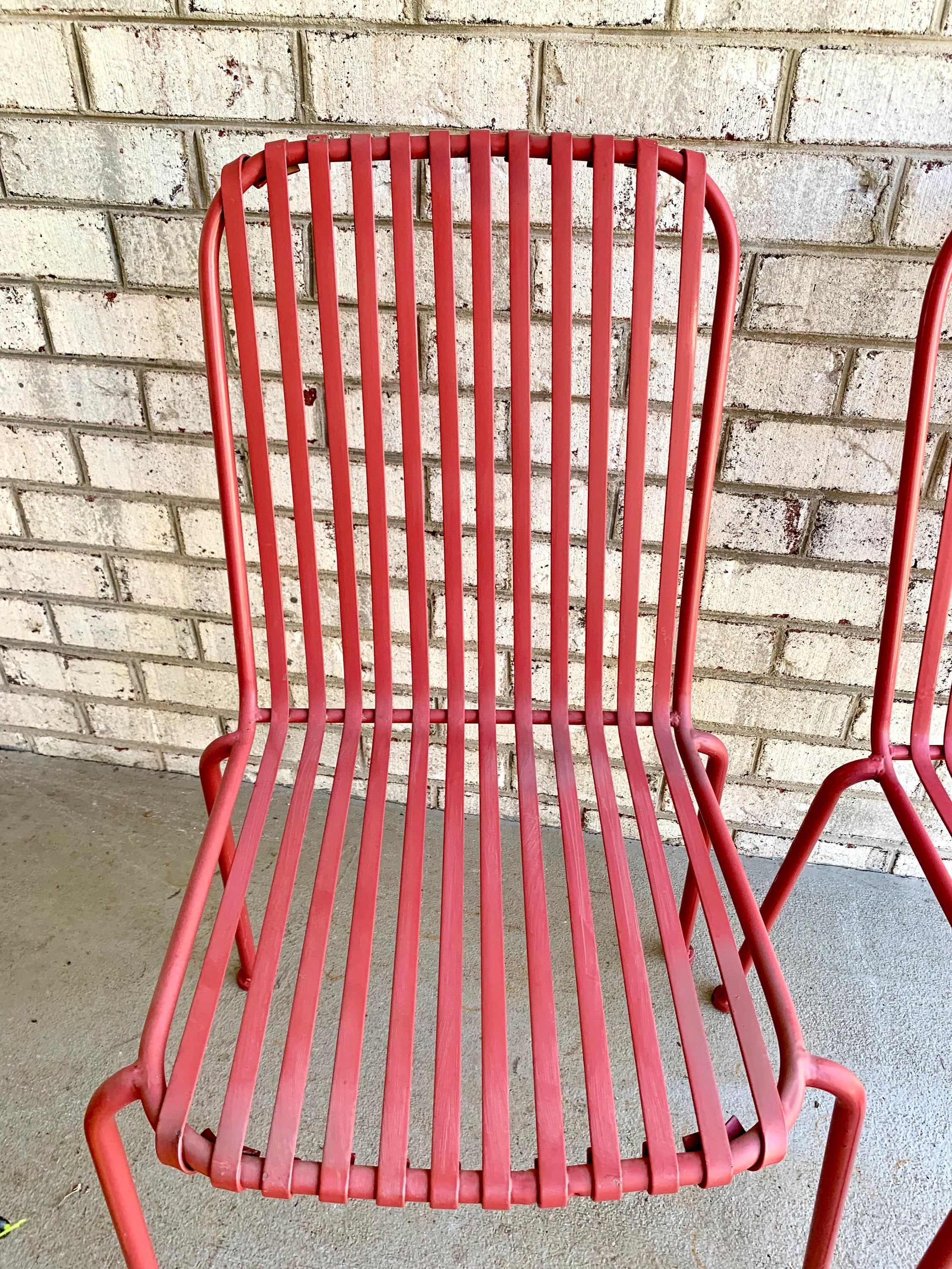 Vtg Pair of Metal Stacking Chairs | Red Metal Slat Chairs | Red Finish Metal Chairs | Stackable Red Metal Chairs | Patio Chairs