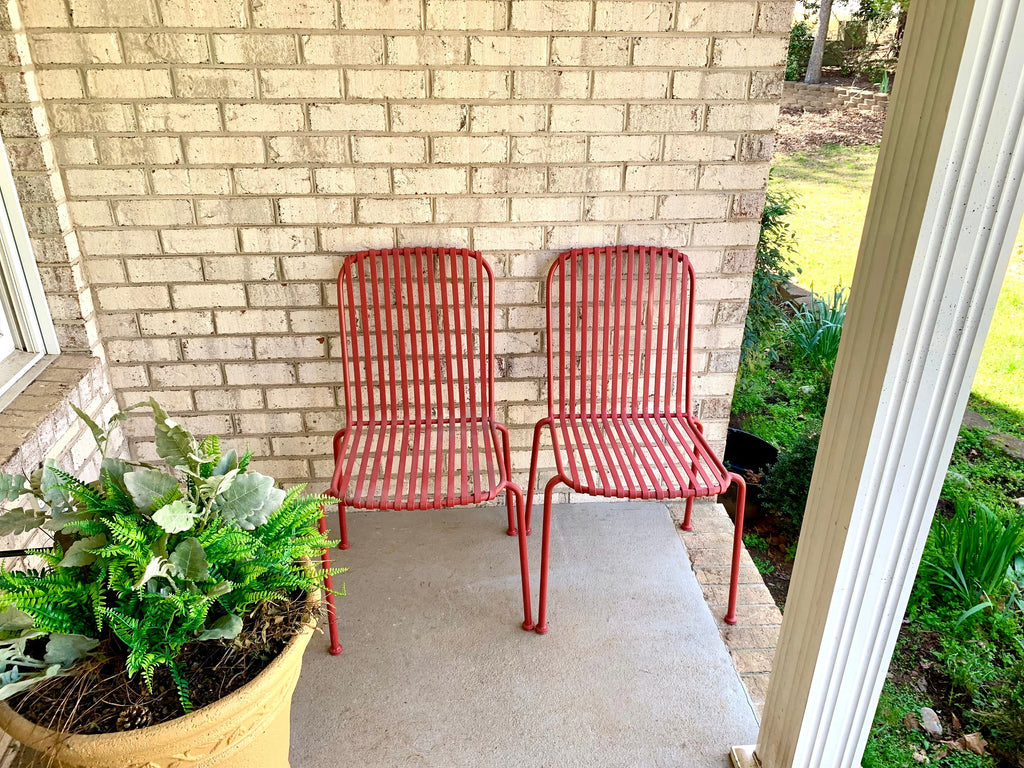 Vtg Pair of Metal Stacking Chairs | Red Metal Slat Chairs | Red Finish Metal Chairs | Stackable Red Metal Chairs | Patio Chairs