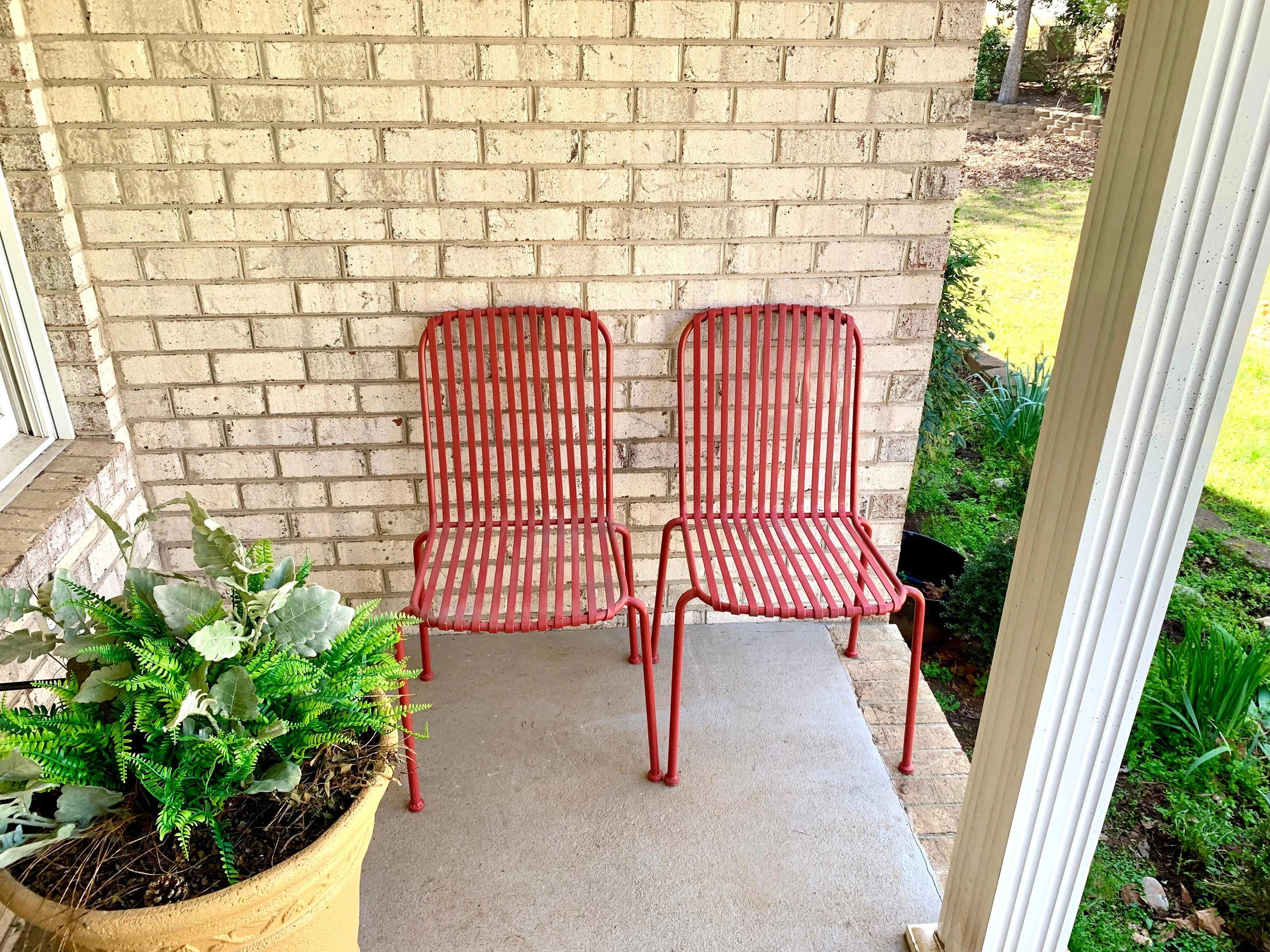 Vtg Pair of Metal Stacking Chairs | Red Metal Slat Chairs | Red Finish Metal Chairs | Stackable Red Metal Chairs | Patio Chairs