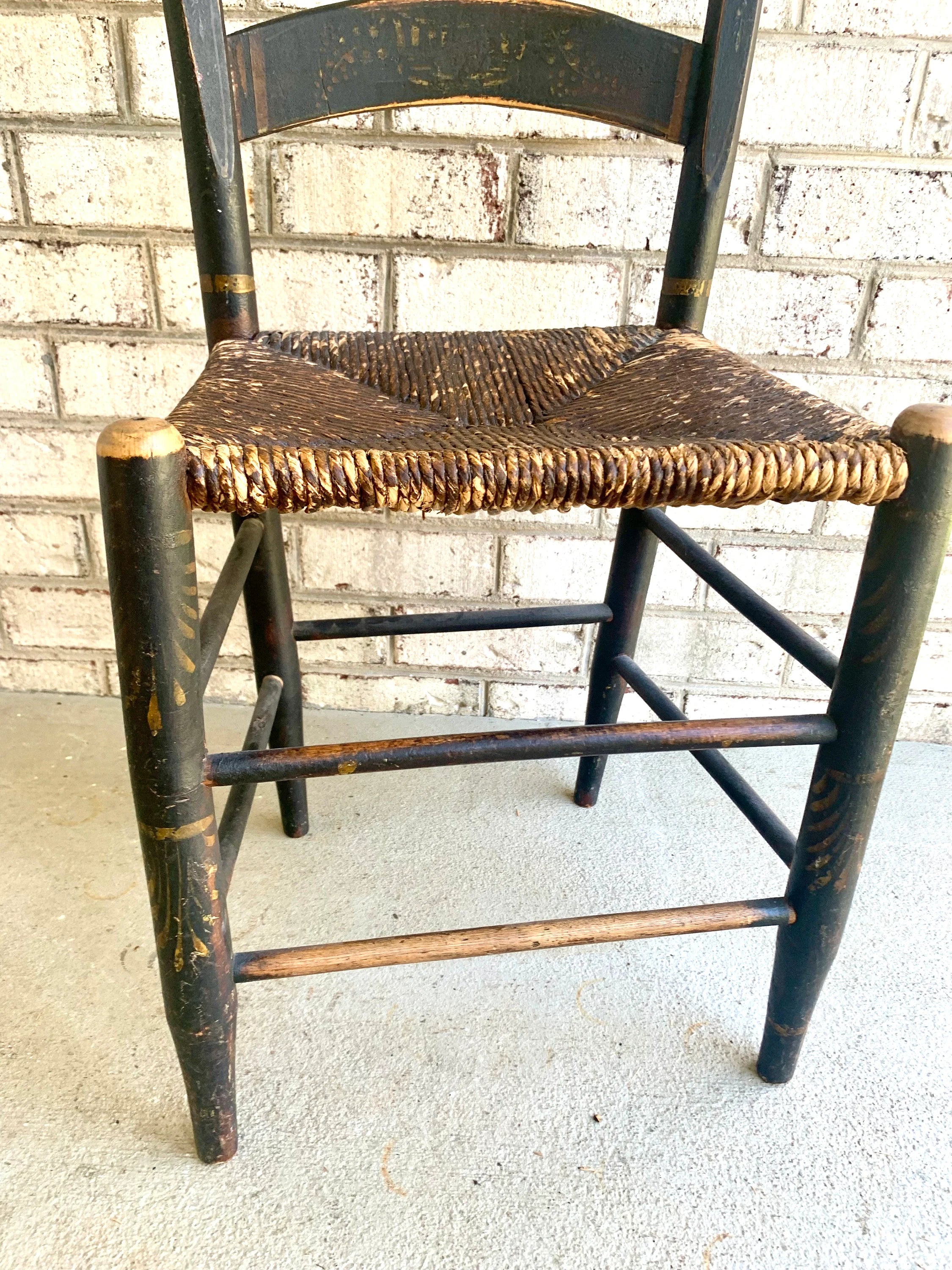 Vtg Distressed Hitchcock Style Rush Seat Chair | Black Stenciled Rush Seating Chair | Primitive Hitchcock Style Chairs| Black Rush Chair