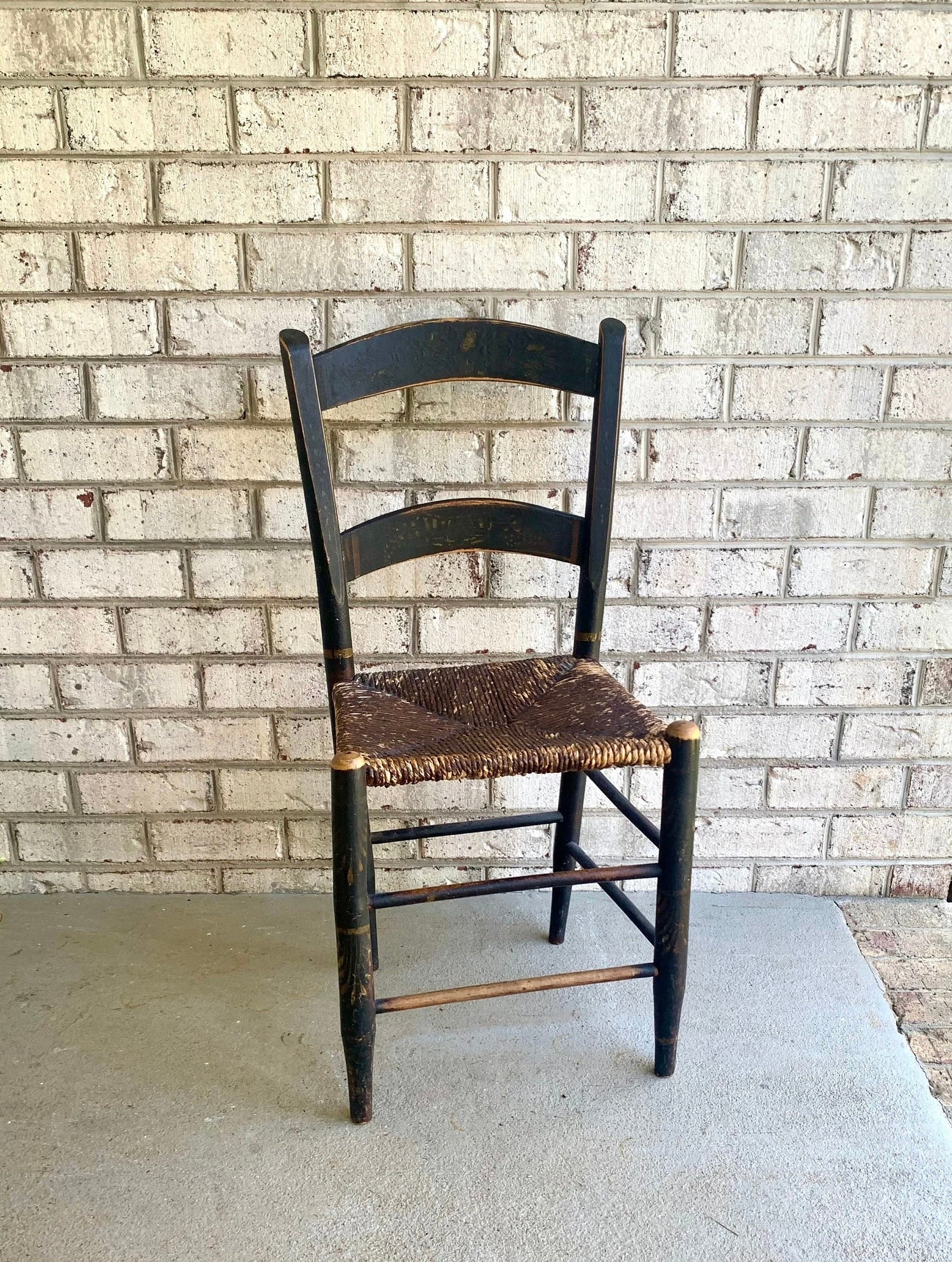 Vtg Distressed Hitchcock Style Rush Seat Chair | Black Stenciled Rush Seating Chair | Primitive Hitchcock Style Chairs| Black Rush Chair