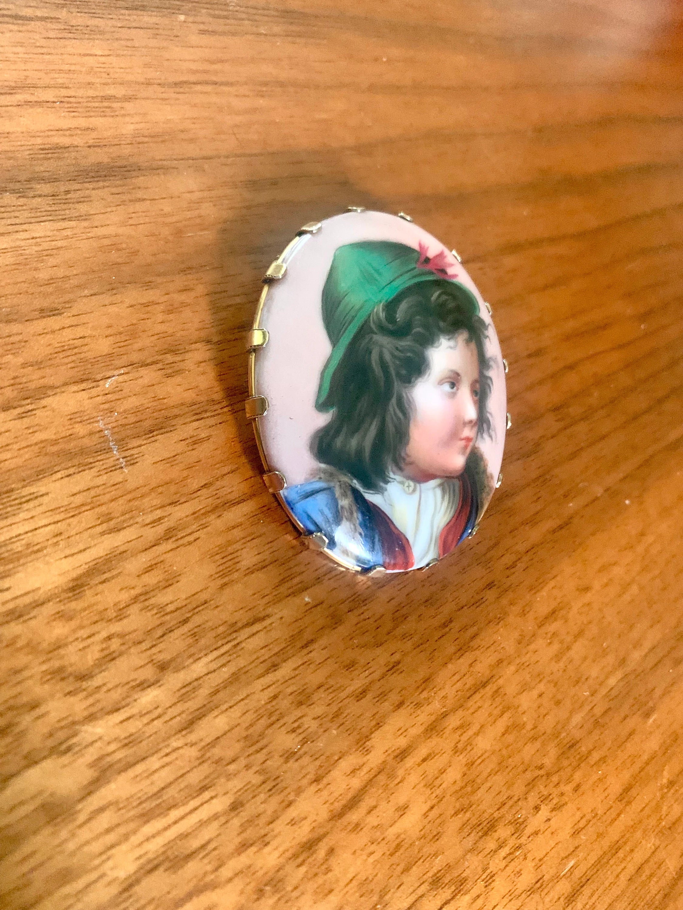 Antique 14k Gold Hand Painted Porcelain Brooch | Victorian 14K Yellow Gold Hand Painted Pendant | Little Boy Hand Painted Brooch