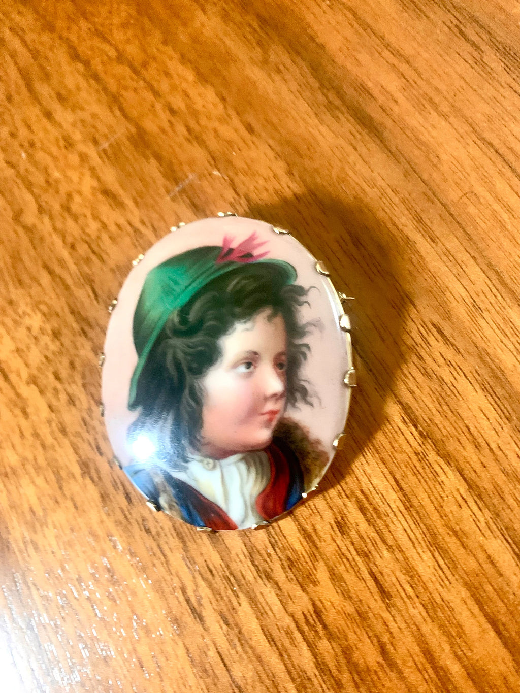 Antique 14k Gold Hand Painted Porcelain Brooch | Victorian 14K Yellow Gold Hand Painted Pendant | Little Boy Hand Painted Brooch