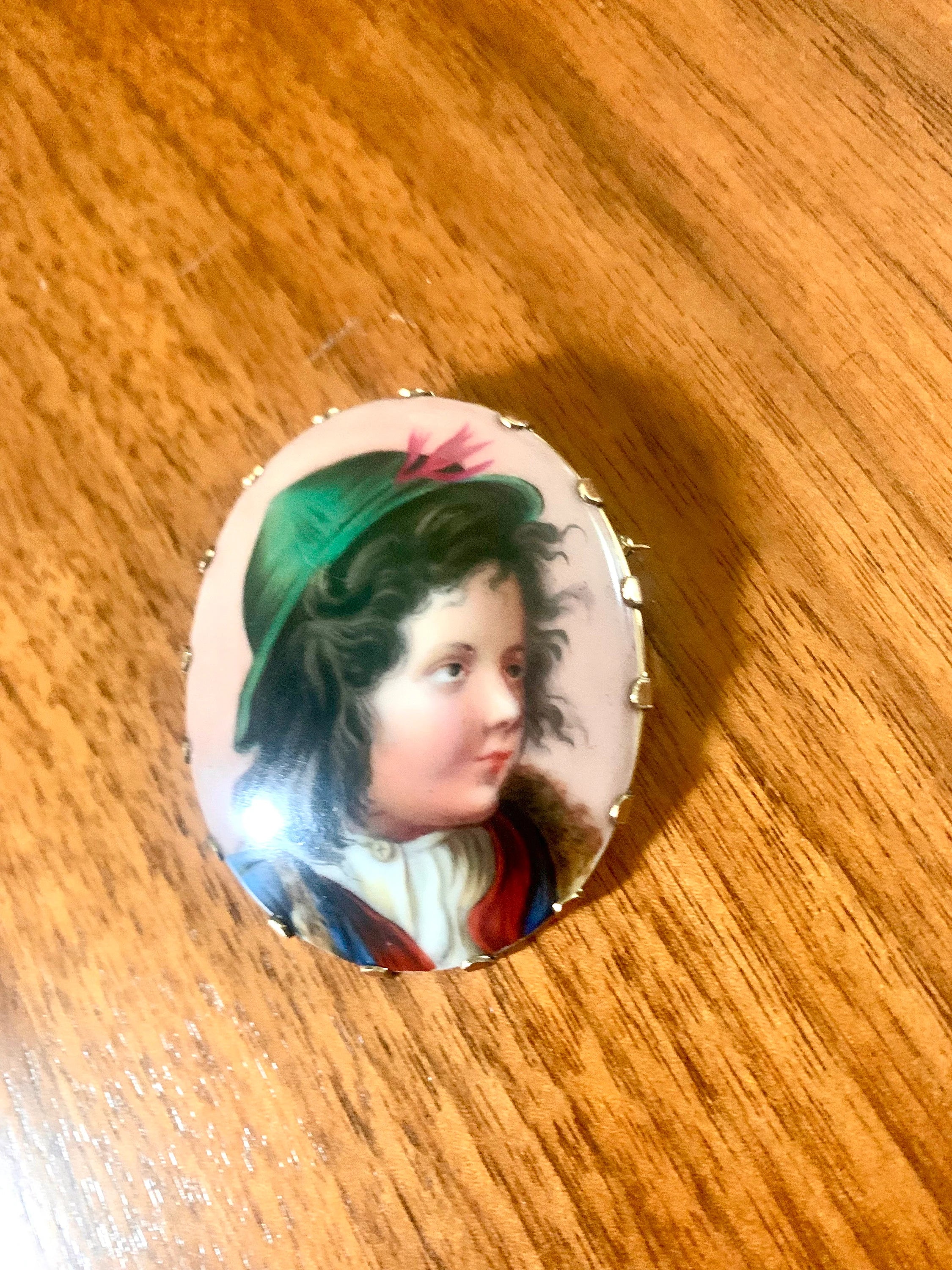 Antique 14k Gold Hand Painted Porcelain Brooch | Victorian 14K Yellow Gold Hand Painted Pendant | Little Boy Hand Painted Brooch