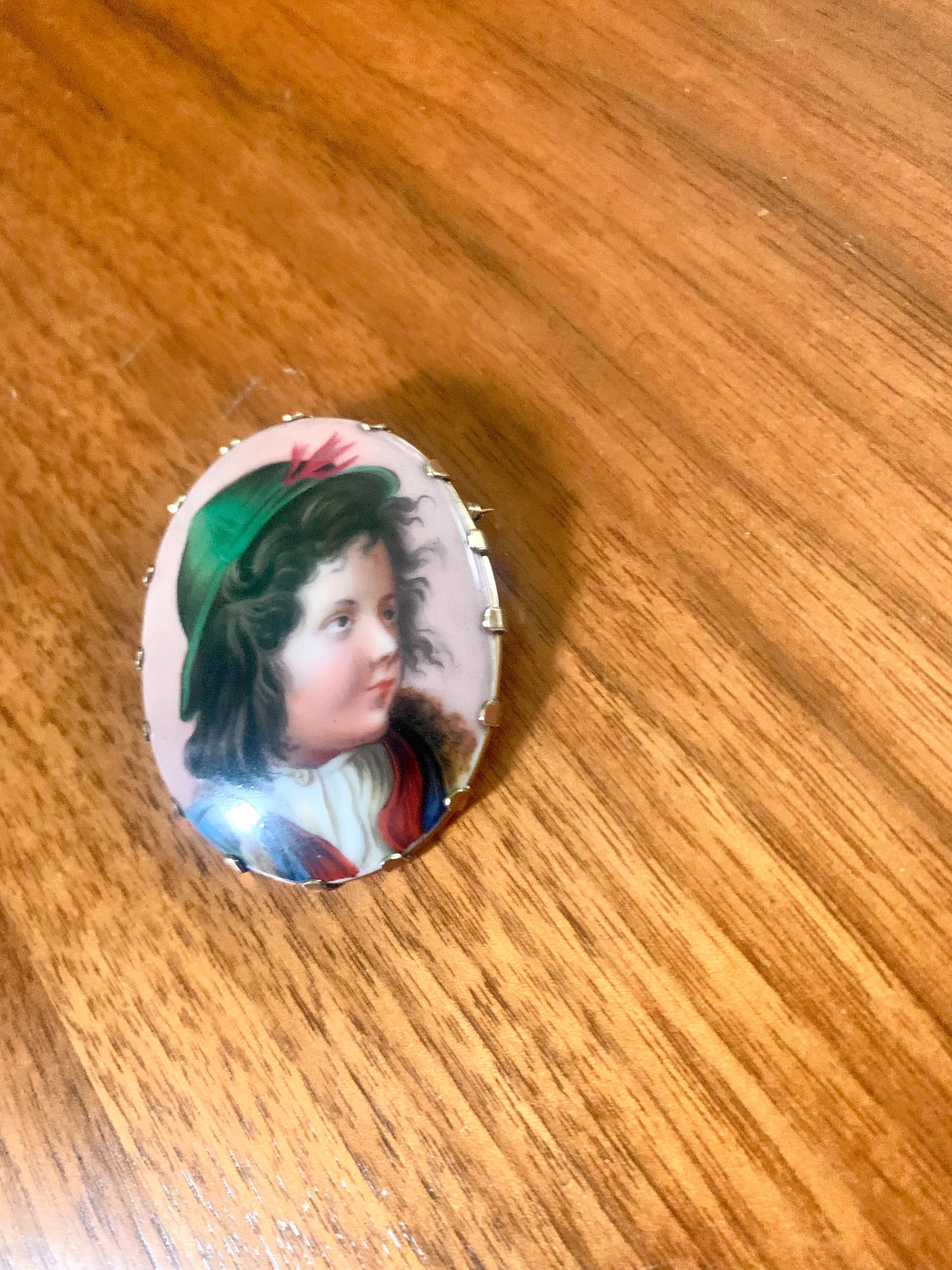 Antique 14k Gold Hand Painted Porcelain Brooch | Victorian 14K Yellow Gold Hand Painted Pendant | Little Boy Hand Painted Brooch