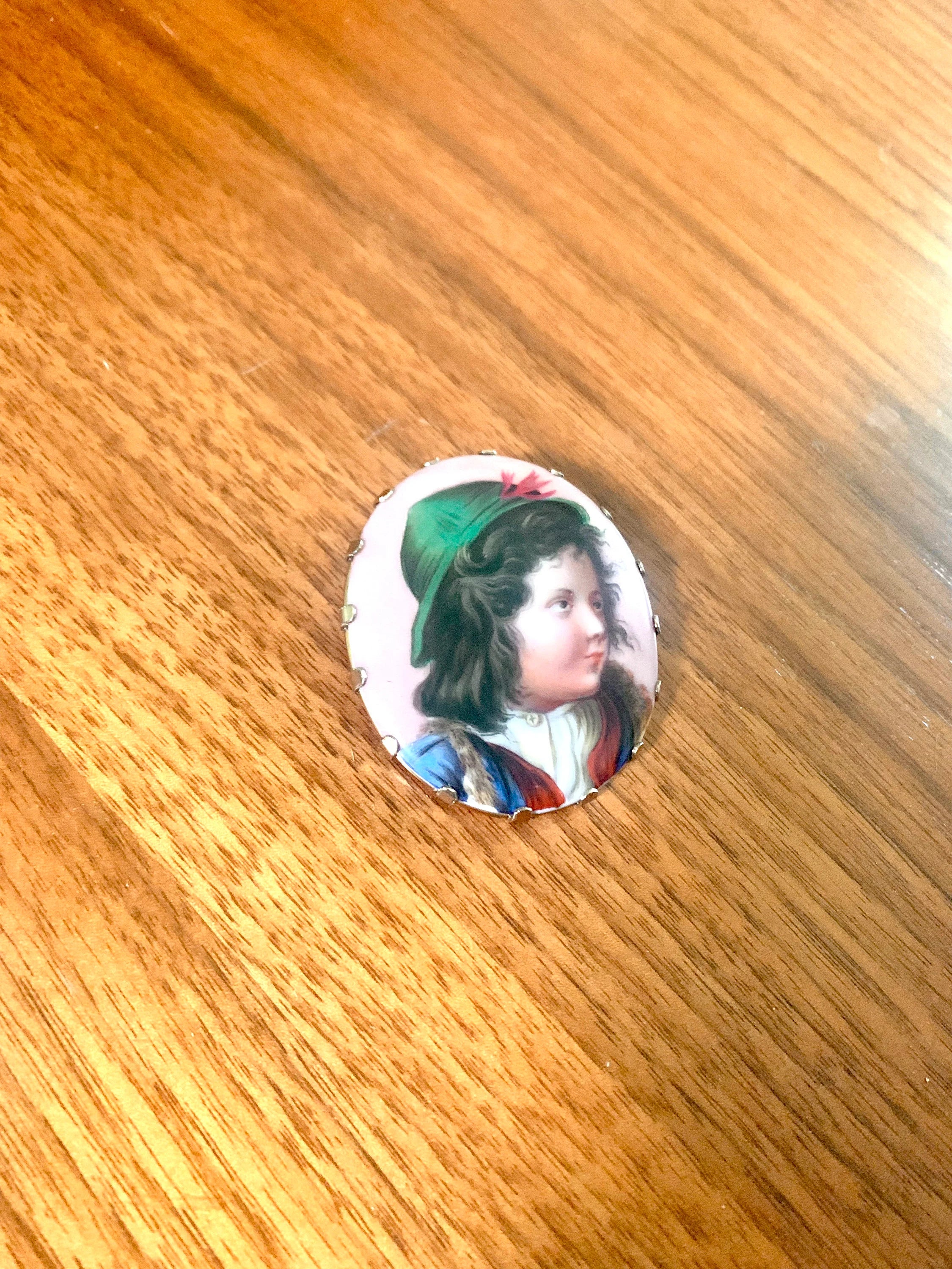 Antique 14k Gold Hand Painted Porcelain Brooch | Victorian 14K Yellow Gold Hand Painted Pendant | Little Boy Hand Painted Brooch