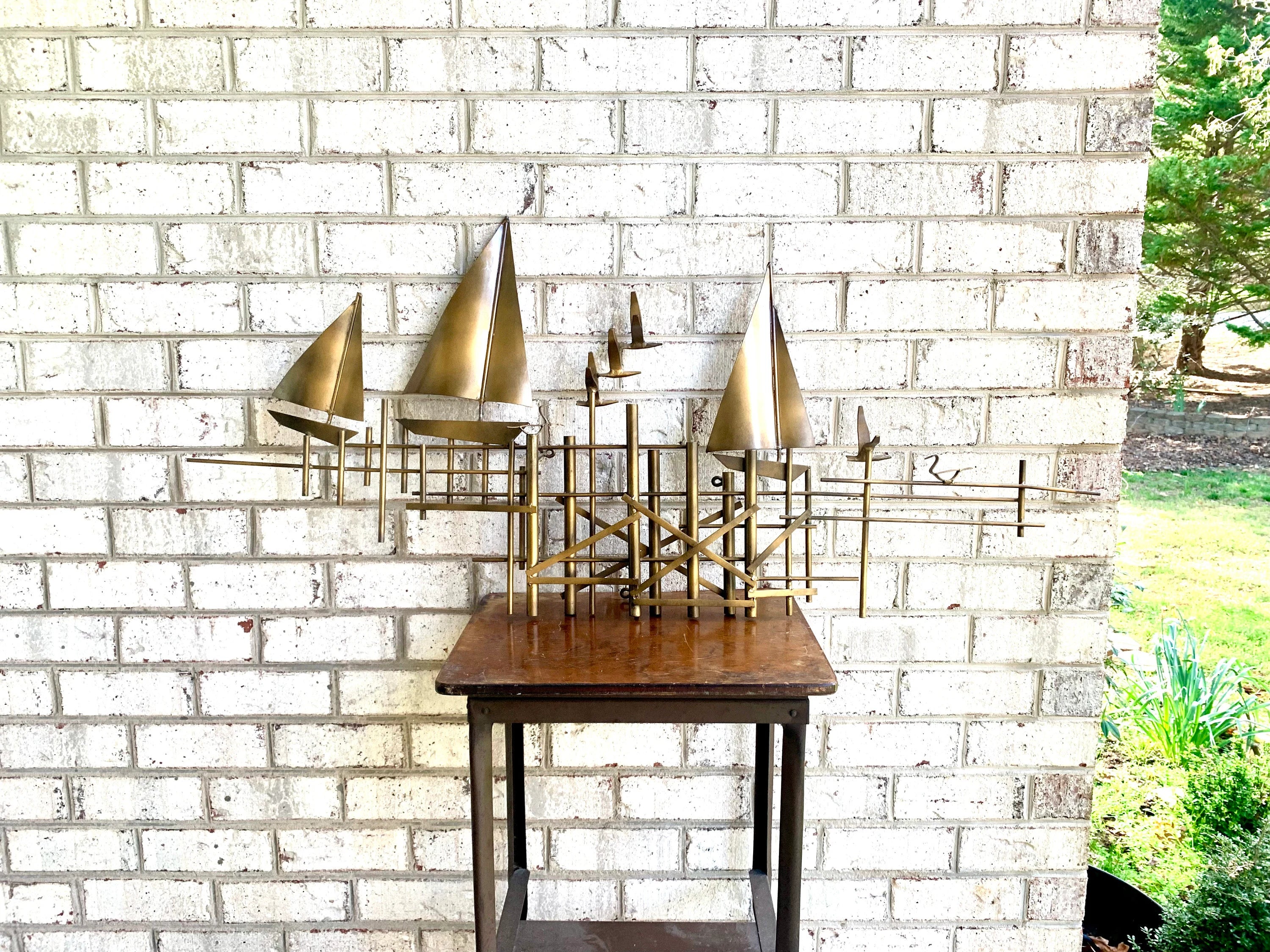 Vtg Metal Nautical Wall Art | Metal Wall Art Sculpture | Sailboat Metal Sculpture | Coastal Decor | Beach House Decor | Metal Pier Scene