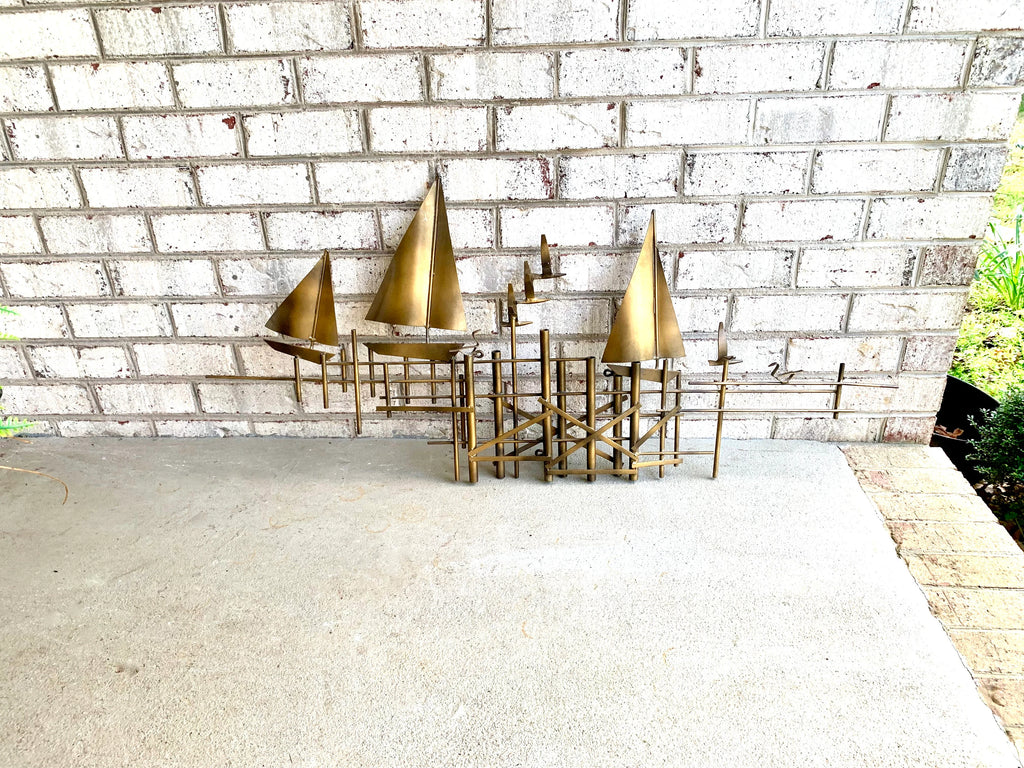 Vtg Metal Nautical Wall Art | Metal Wall Art Sculpture | Sailboat Metal Sculpture | Coastal Decor | Beach House Decor | Metal Pier Scene