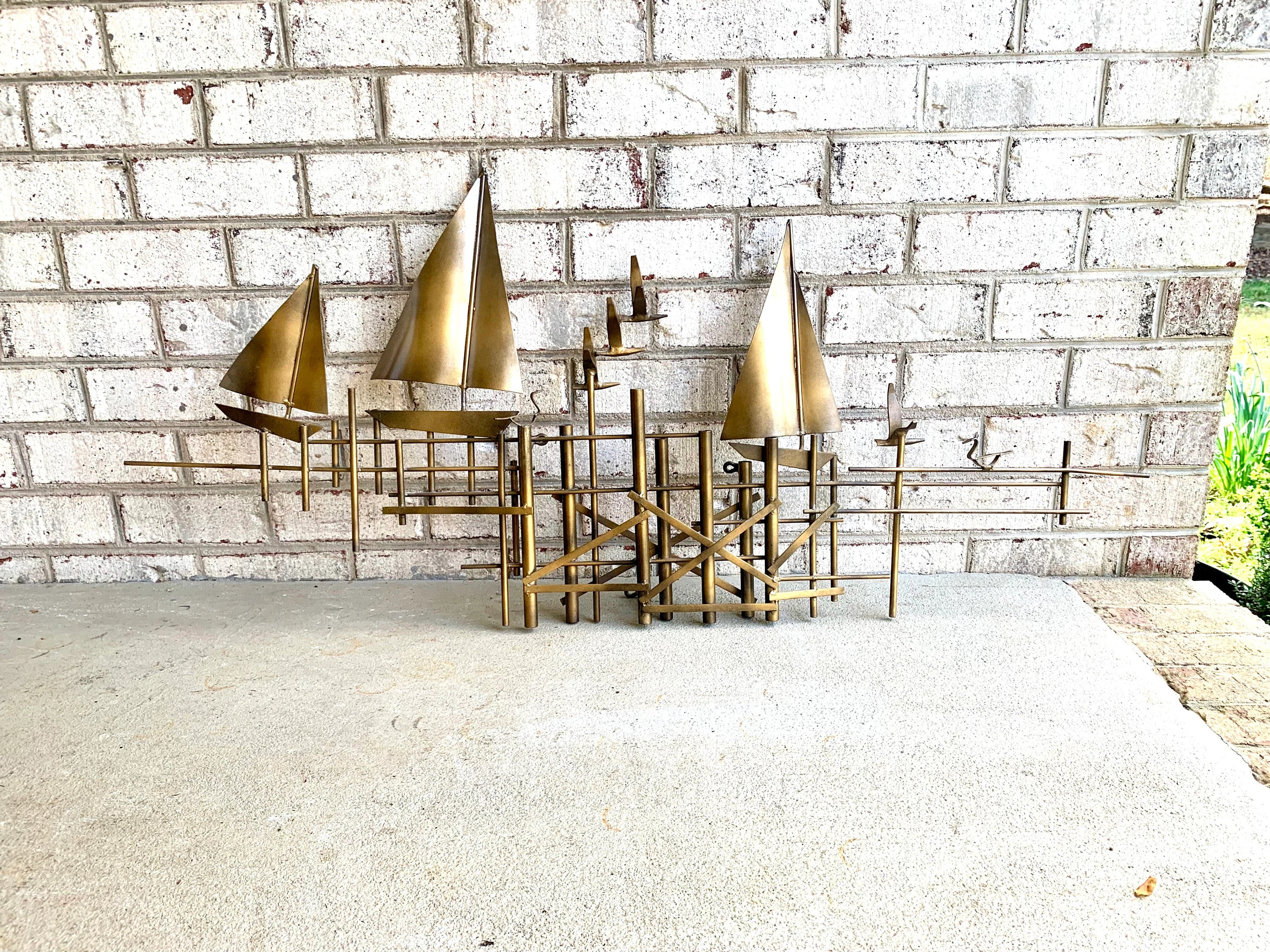 Vtg Metal Nautical Wall Art | Metal Wall Art Sculpture | Sailboat Metal Sculpture | Coastal Decor | Beach House Decor | Metal Pier Scene