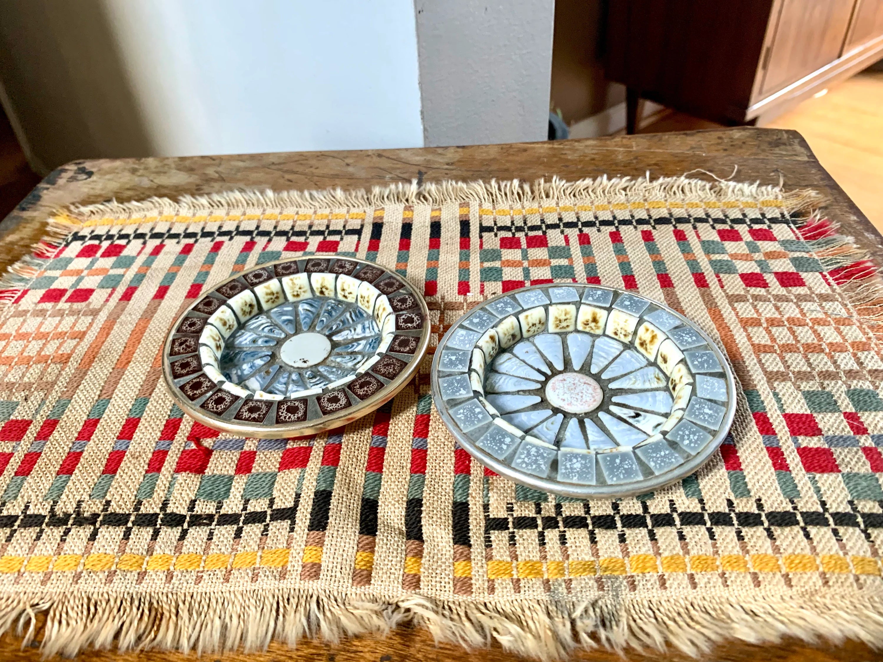 Two Vtg Mosaic Tile Ashtrays | Mosaic Tile Ashtray | Bohemian Mosaic Drink Coasters | Mosaic Trinket Dishes
