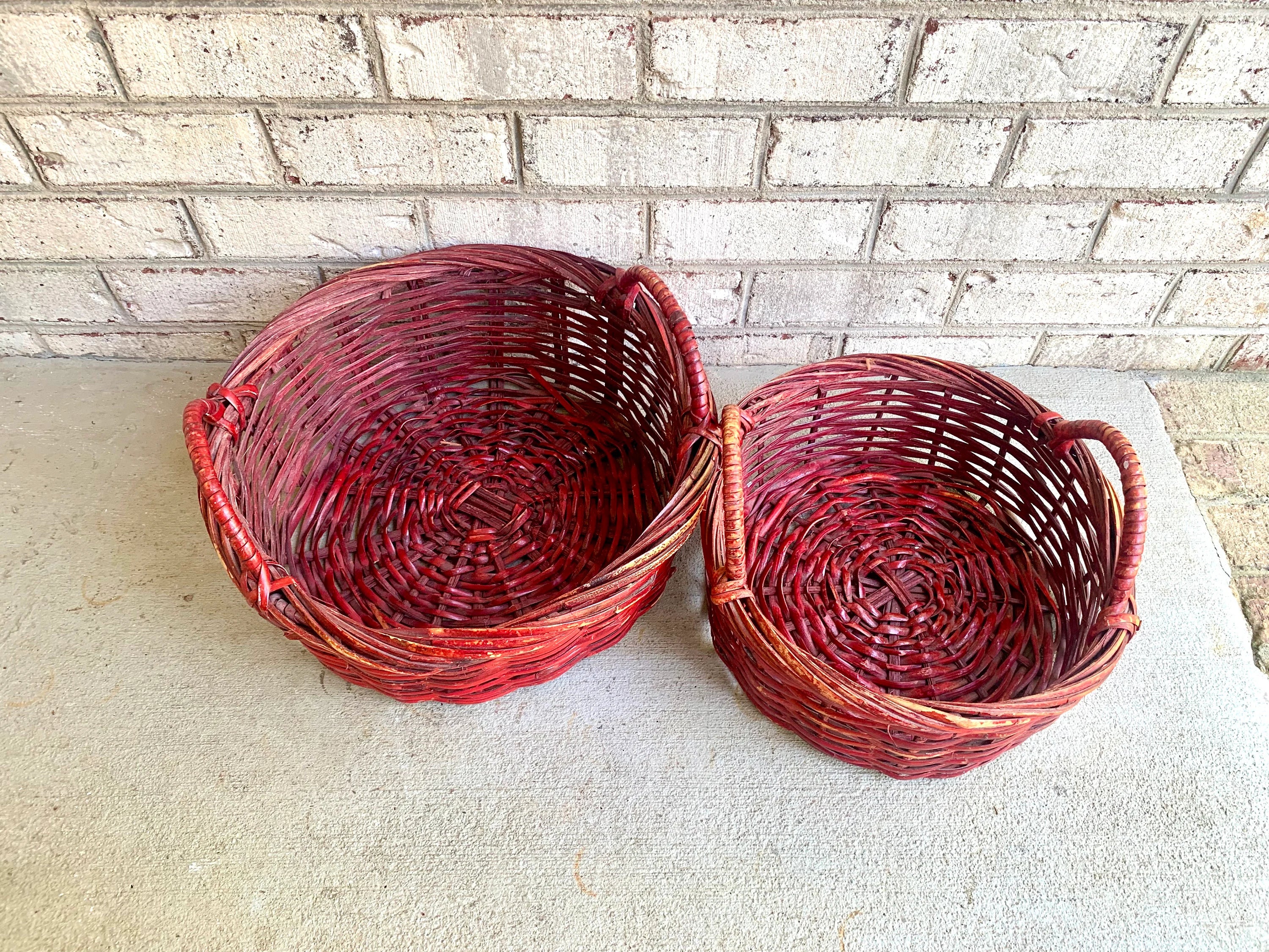 Set of 2 Red Wicker Baskets | Red Wicker Nesting Baskets | Pair of Red Gathering Baskets | Woven Red Baskets | Wicker Storage Baskets
