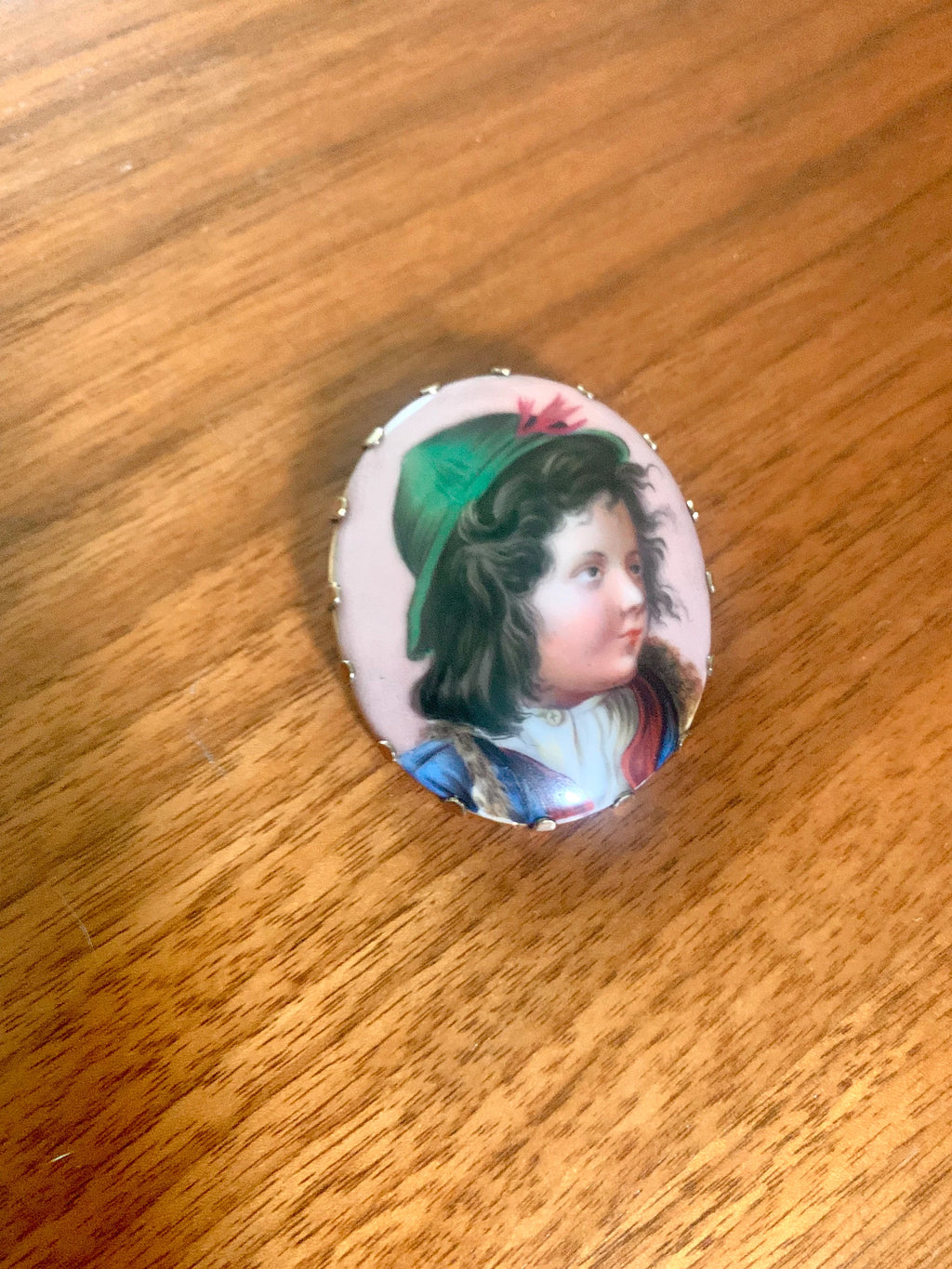 Antique 14k Gold Hand Painted Porcelain Brooch | Victorian 14K Yellow Gold Hand Painted Pendant | Little Boy Hand Painted Brooch
