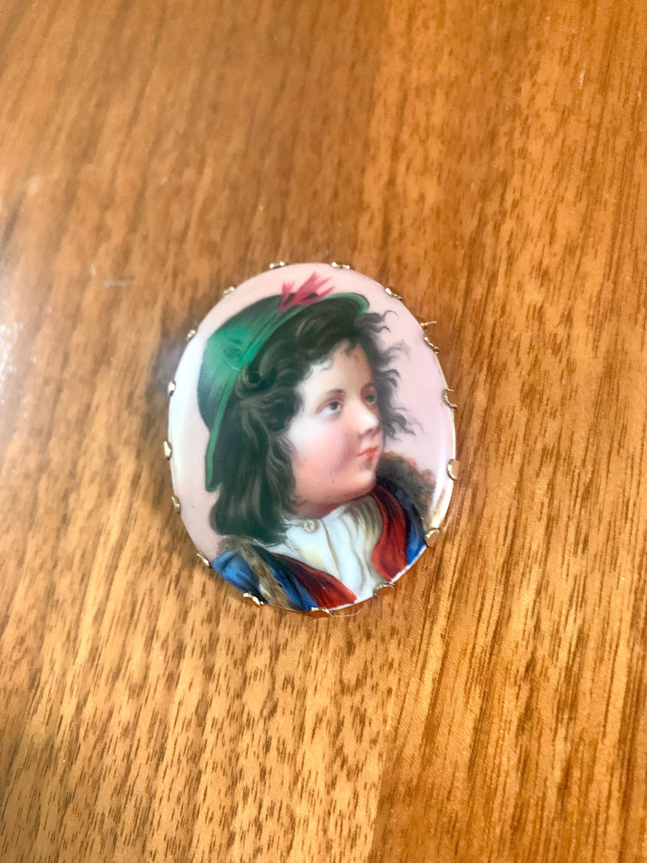 Antique 14k Gold Hand Painted Porcelain Brooch | Victorian 14K Yellow Gold Hand Painted Pendant | Little Boy Hand Painted Brooch