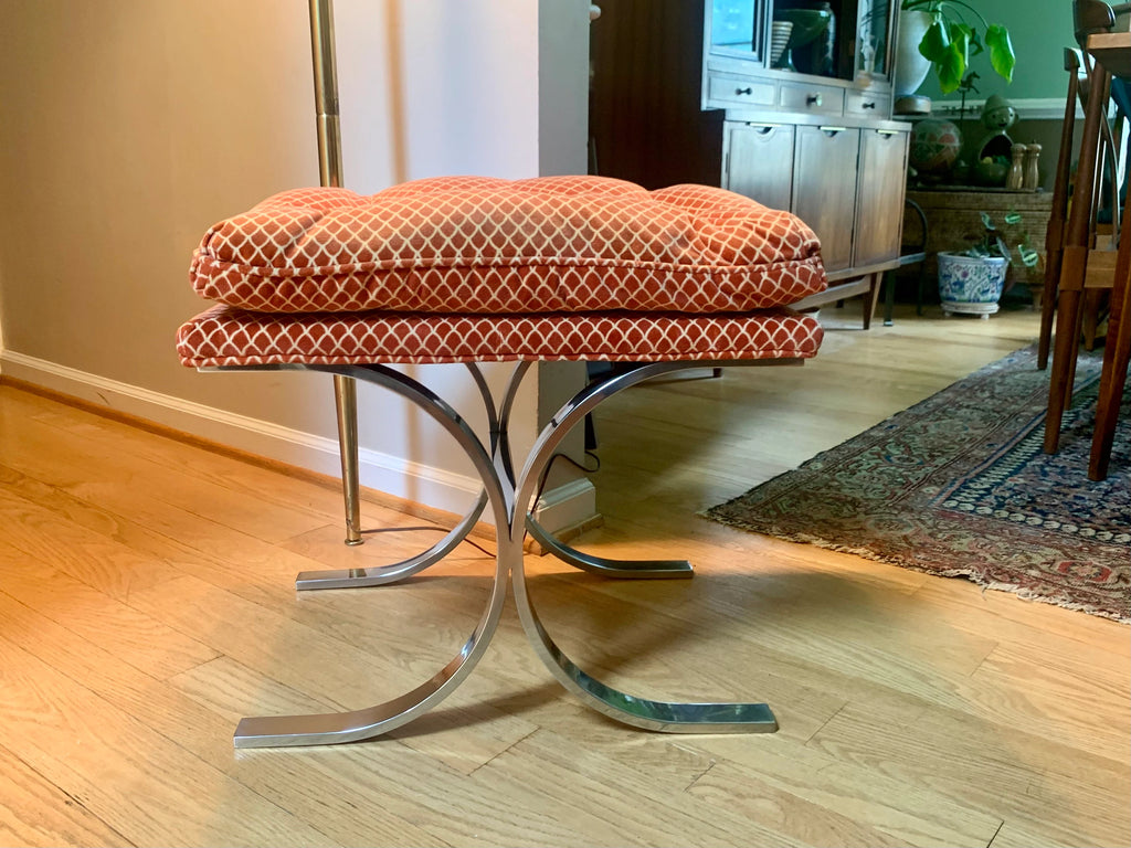 Milo Baughman Designed Ottoman | MCM Chrome X-Base Ottoman | Milo Baughman Chrome Stool Ottoman | MCM Furniture