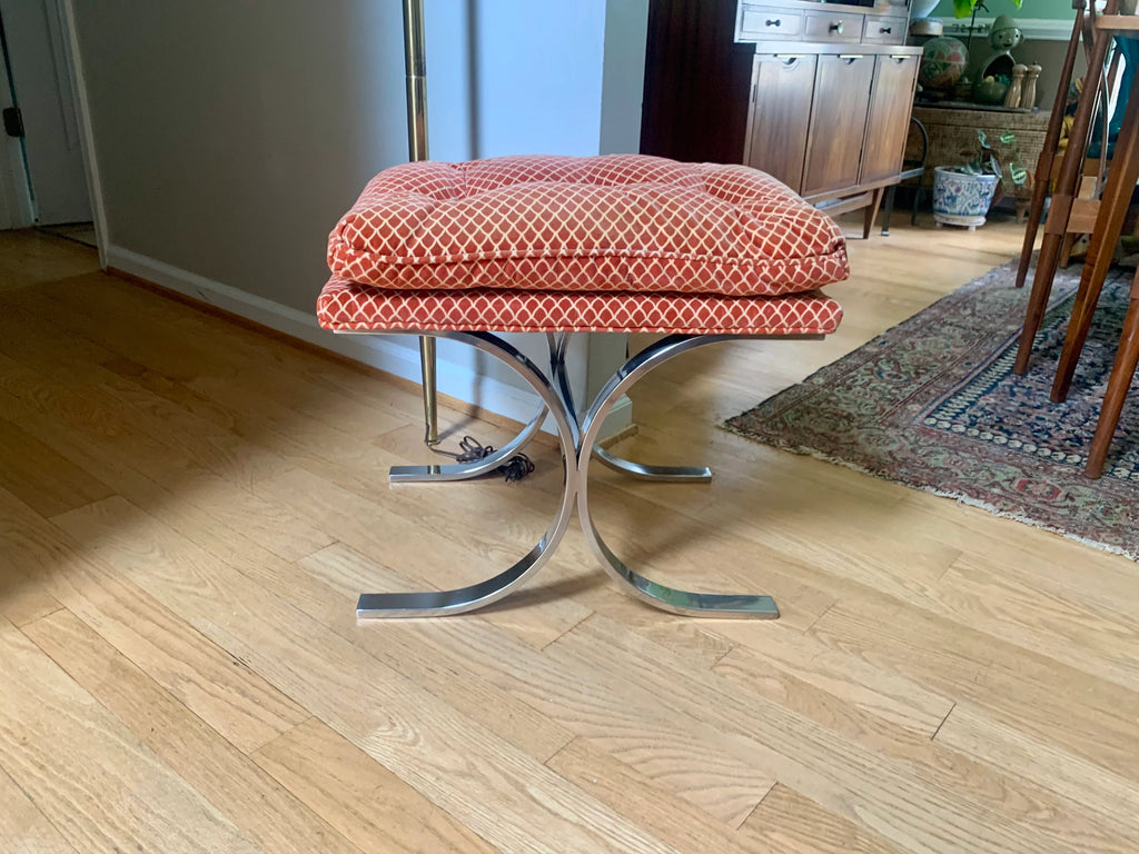 Milo Baughman Designed Ottoman | MCM Chrome X-Base Ottoman | Milo Baughman Chrome Stool Ottoman | MCM Furniture