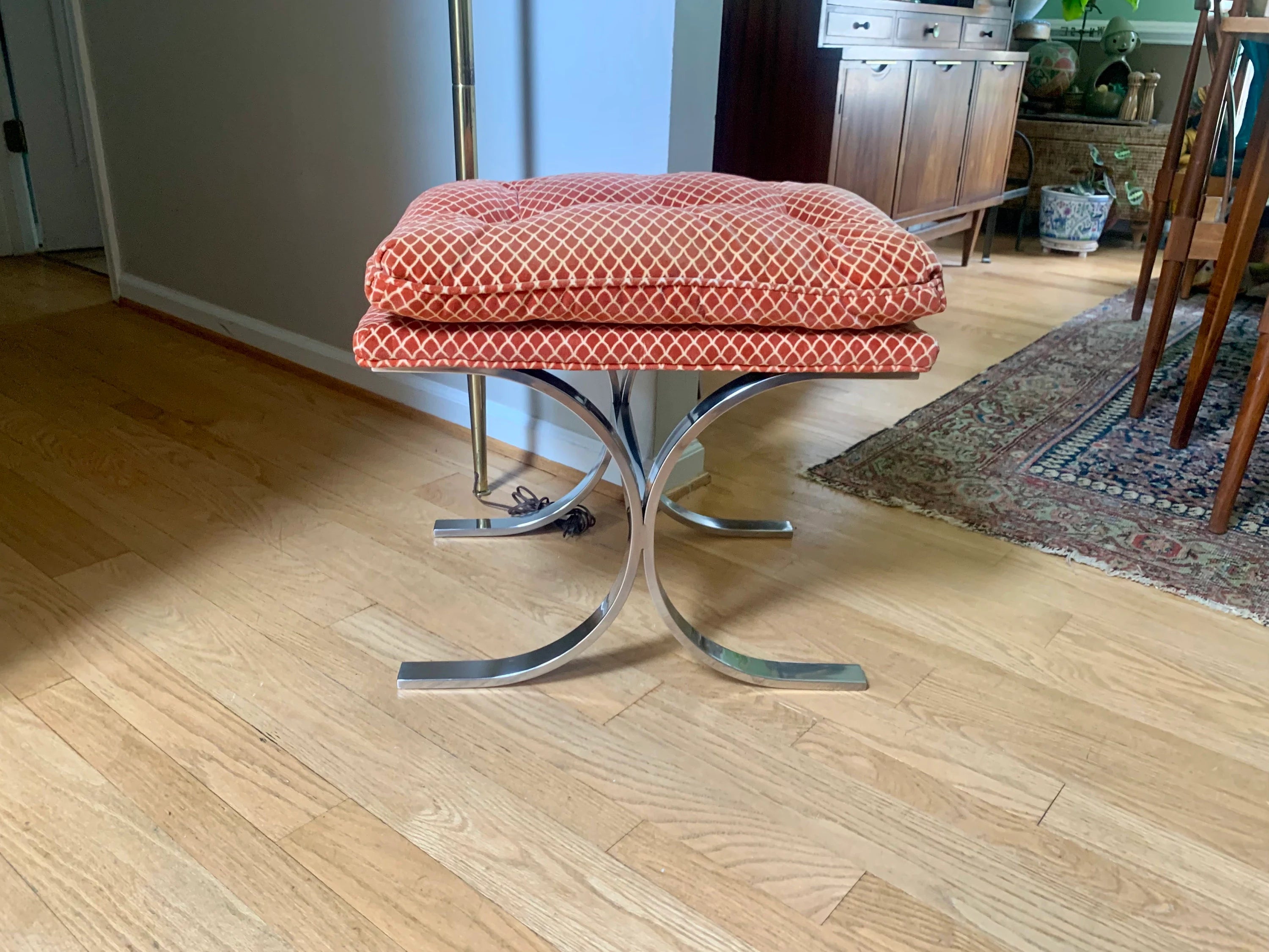 Milo Baughman Designed Ottoman | MCM Chrome X-Base Ottoman | Milo Baughman Chrome Stool Ottoman | MCM Furniture