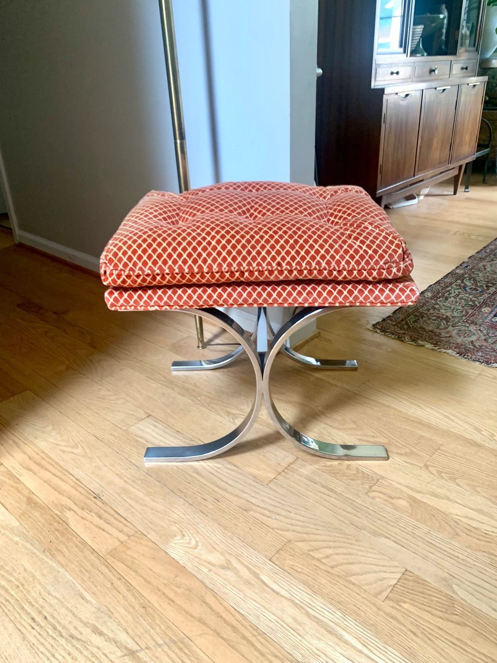 Milo Baughman Designed Ottoman | MCM Chrome X-Base Ottoman | Milo Baughman Chrome Stool Ottoman | MCM Furniture