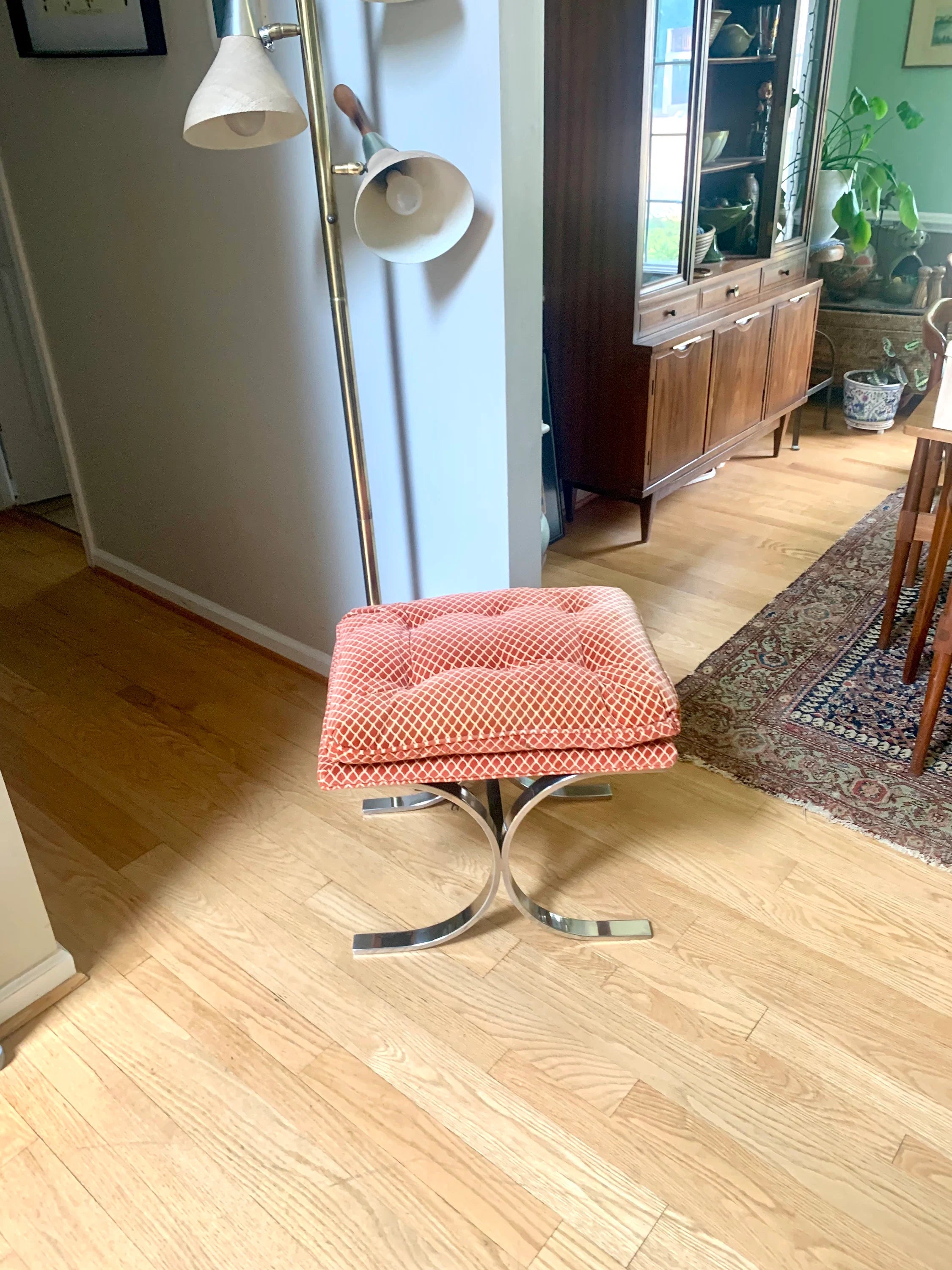 Milo Baughman Designed Ottoman | MCM Chrome X-Base Ottoman | Milo Baughman Chrome Stool Ottoman | MCM Furniture