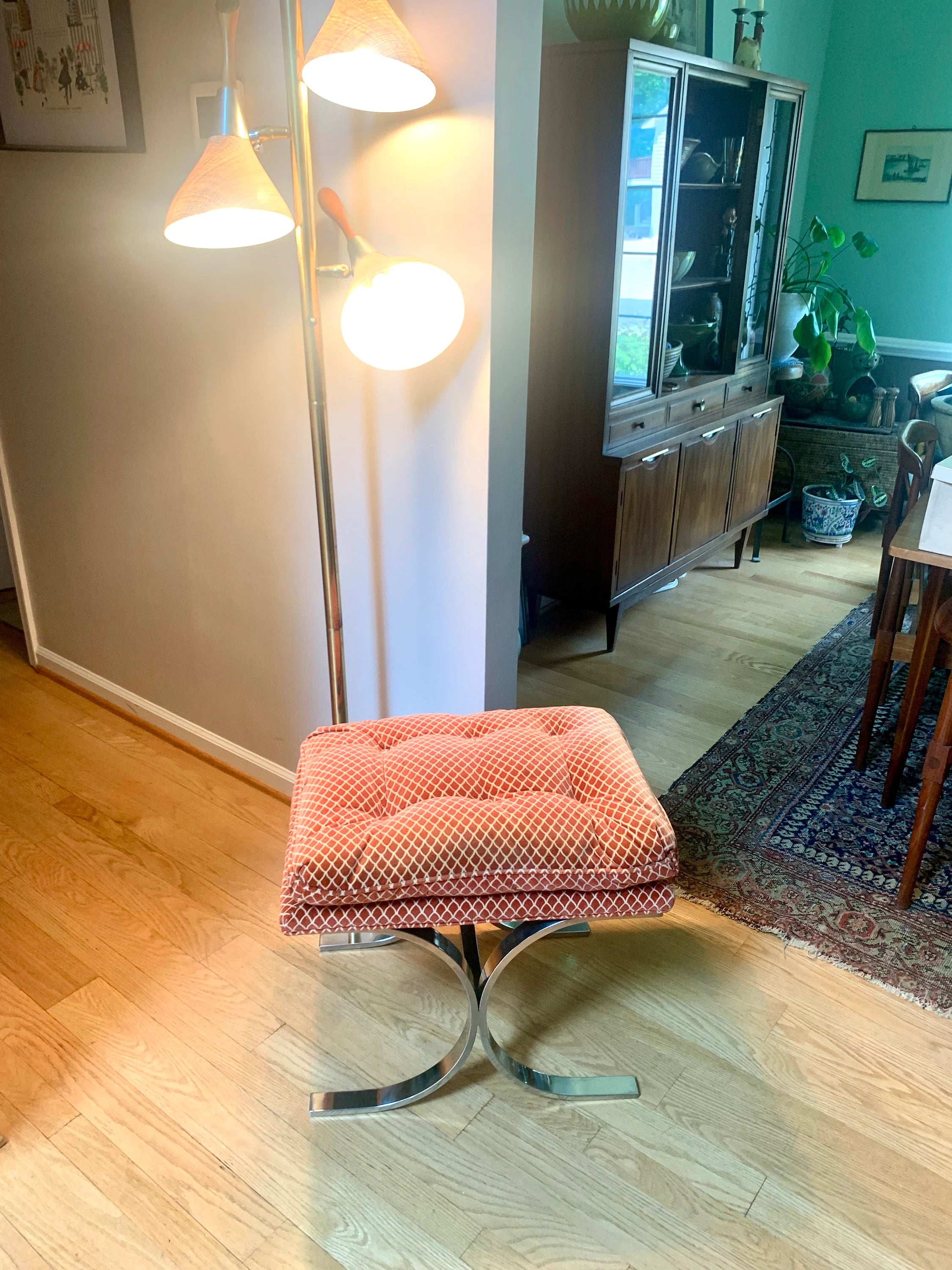 Milo Baughman Designed Ottoman | MCM Chrome X-Base Ottoman | Milo Baughman Chrome Stool Ottoman | MCM Furniture