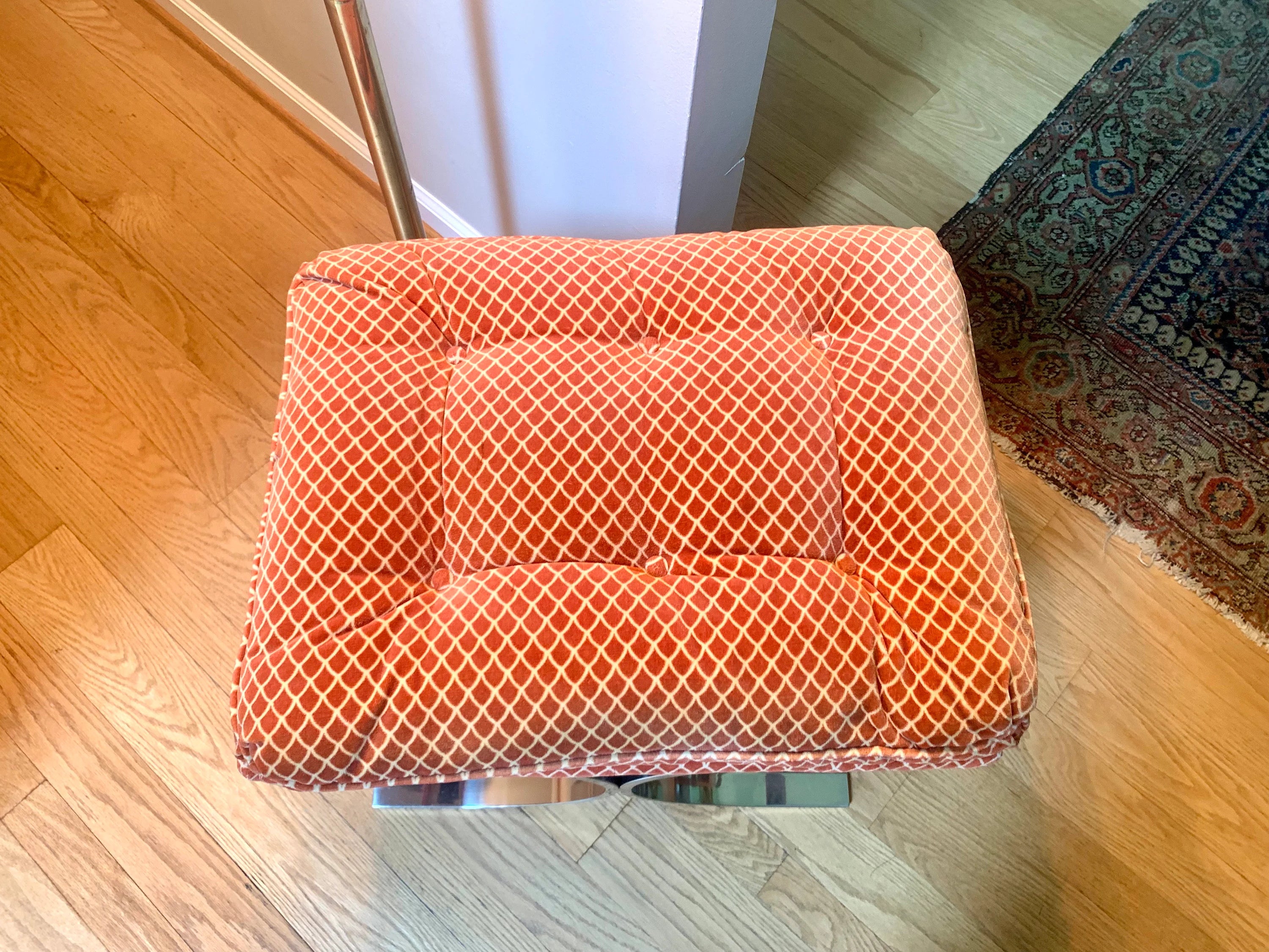 Milo Baughman Designed Ottoman | MCM Chrome X-Base Ottoman | Milo Baughman Chrome Stool Ottoman | MCM Furniture