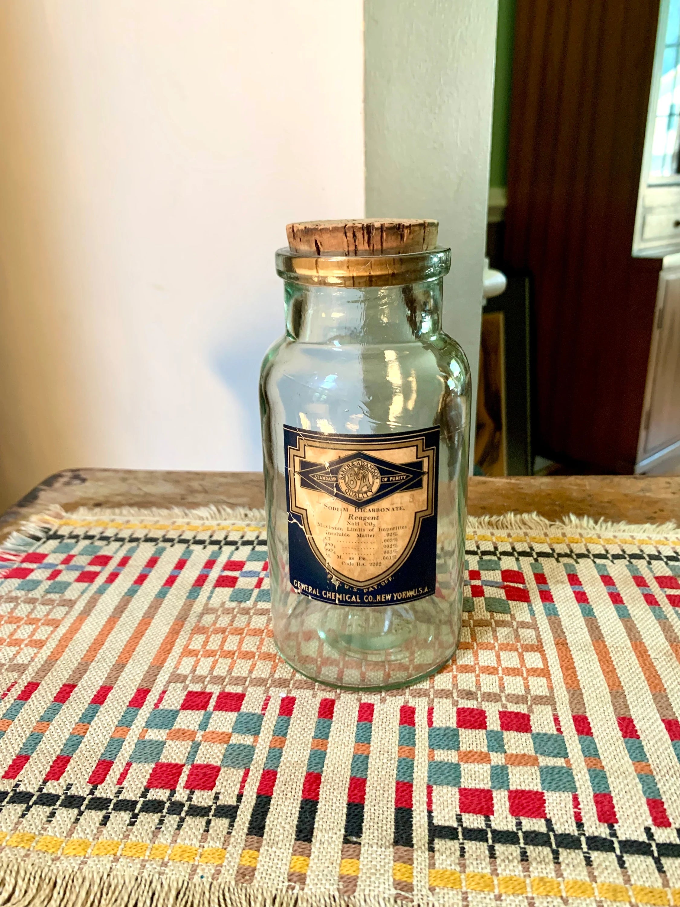 Vintage Baker & Adamson Quality Chemical Bottle | Antique Central Chemical Bottle | Antique Cork Top Sodium Bicarbonate Bottle | Apothecary