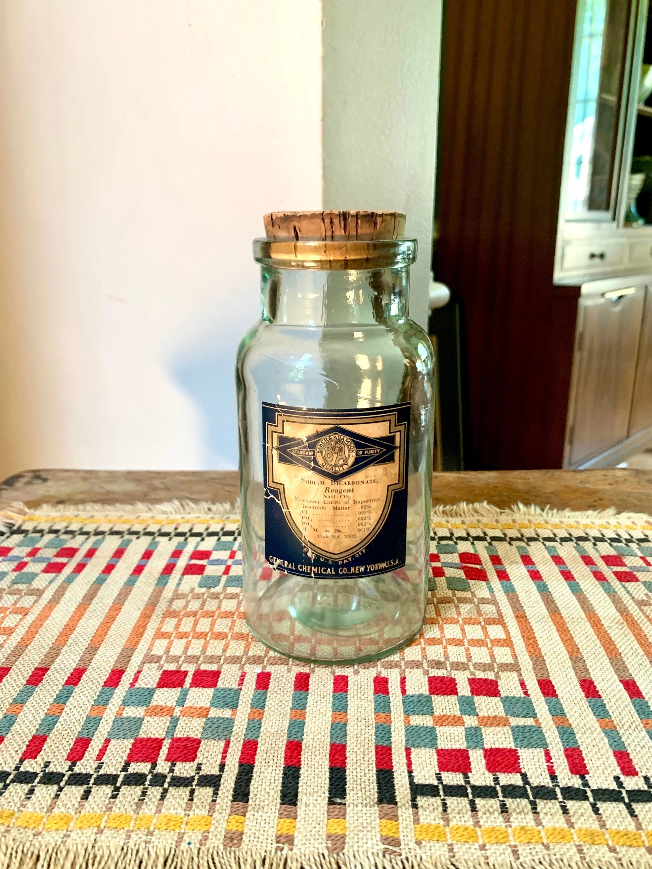 Vintage Baker & Adamson Quality Chemical Bottle | Antique Central Chemical Bottle | Antique Cork Top Sodium Bicarbonate Bottle | Apothecary