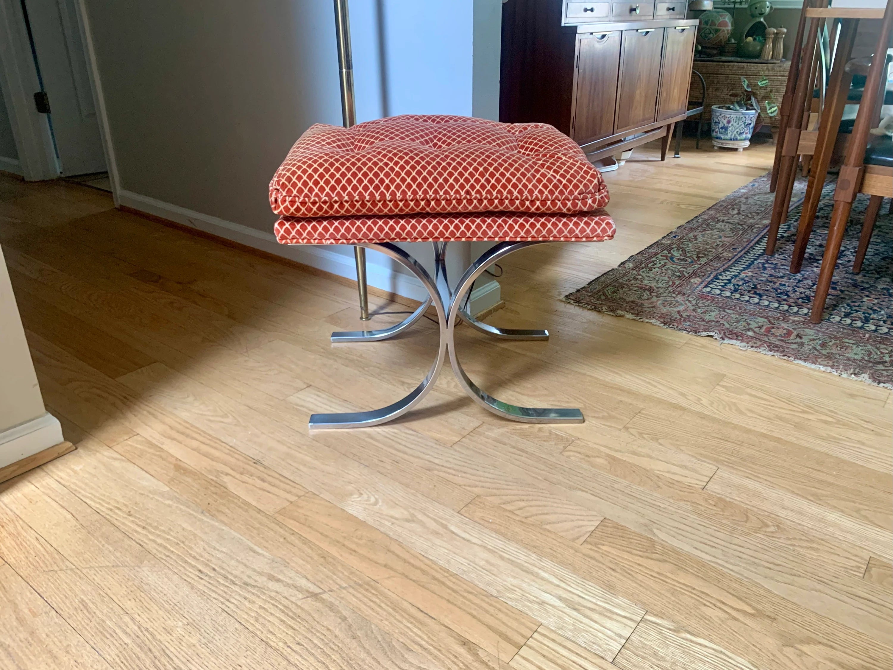 Milo Baughman Designed Ottoman | MCM Chrome X-Base Ottoman | Milo Baughman Chrome Stool Ottoman | MCM Furniture