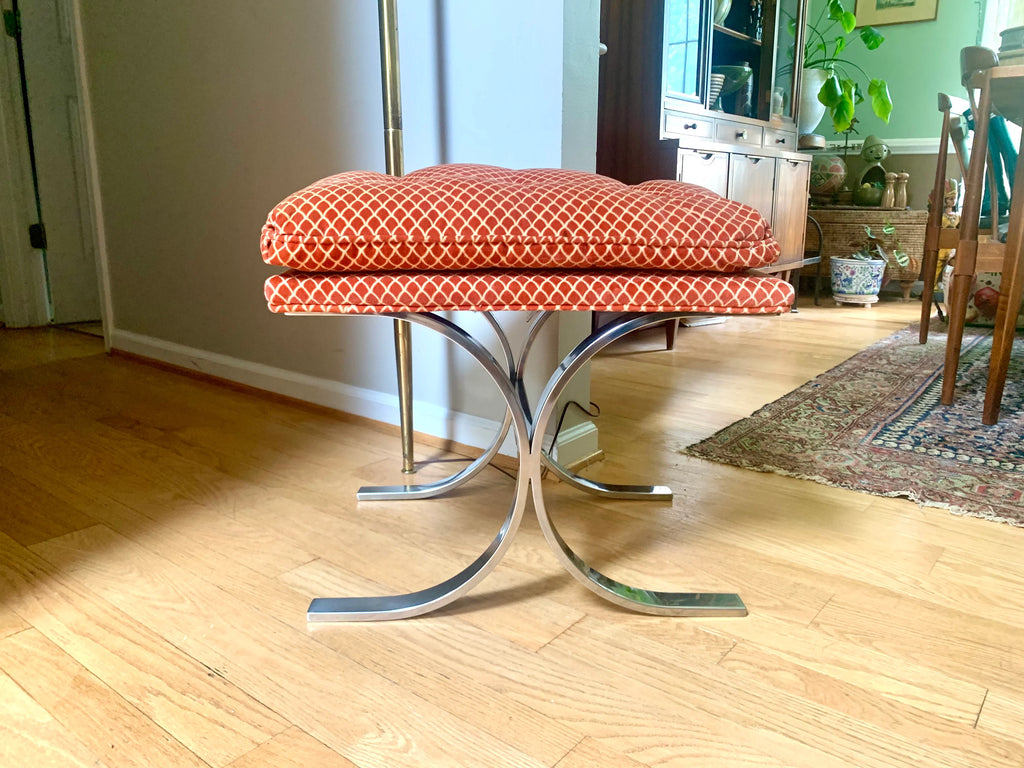 Milo Baughman Designed Ottoman | MCM Chrome X-Base Ottoman | Milo Baughman Chrome Stool Ottoman | MCM Furniture