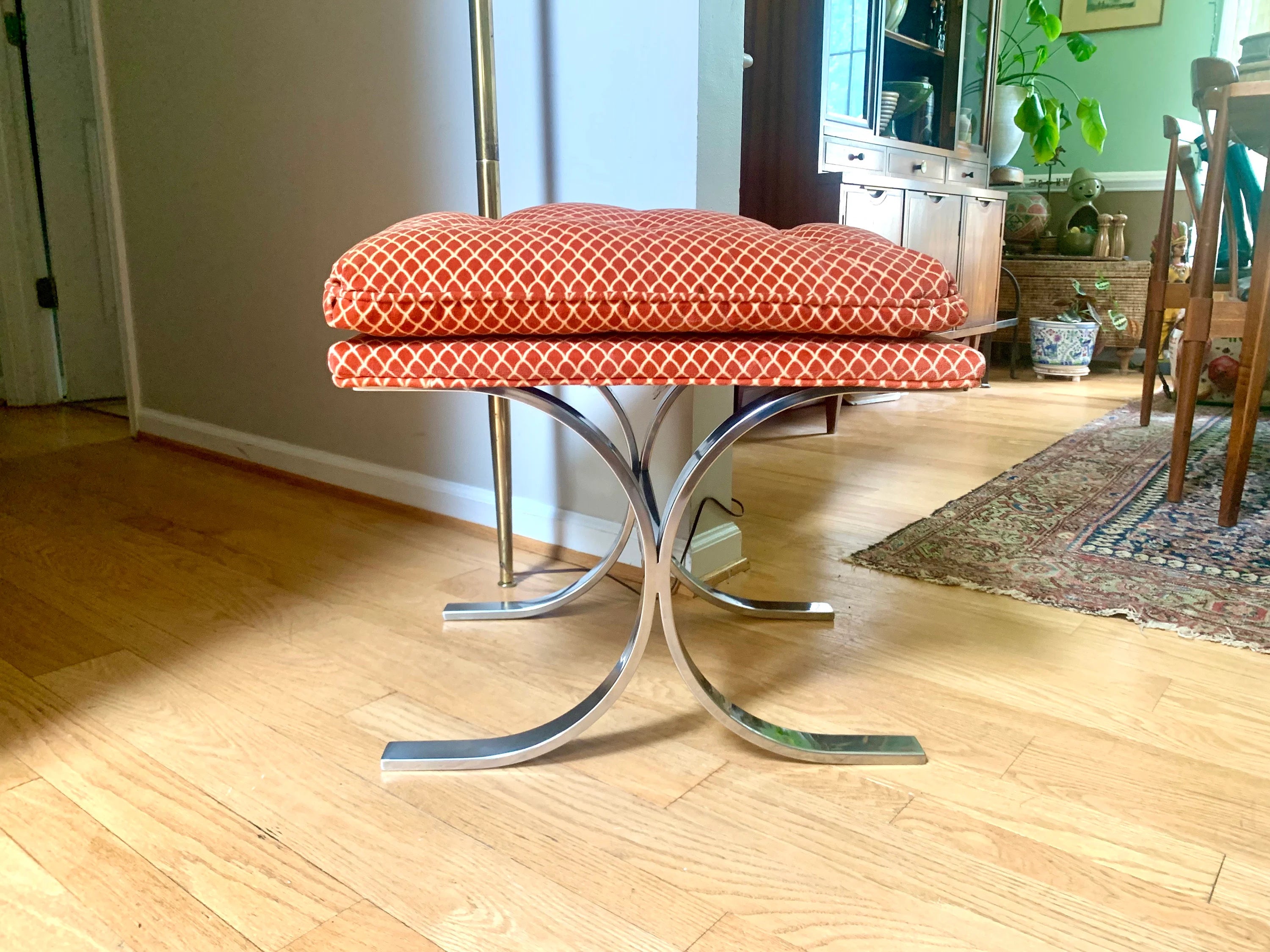 Milo Baughman Designed Ottoman | MCM Chrome X-Base Ottoman | Milo Baughman Chrome Stool Ottoman | MCM Furniture