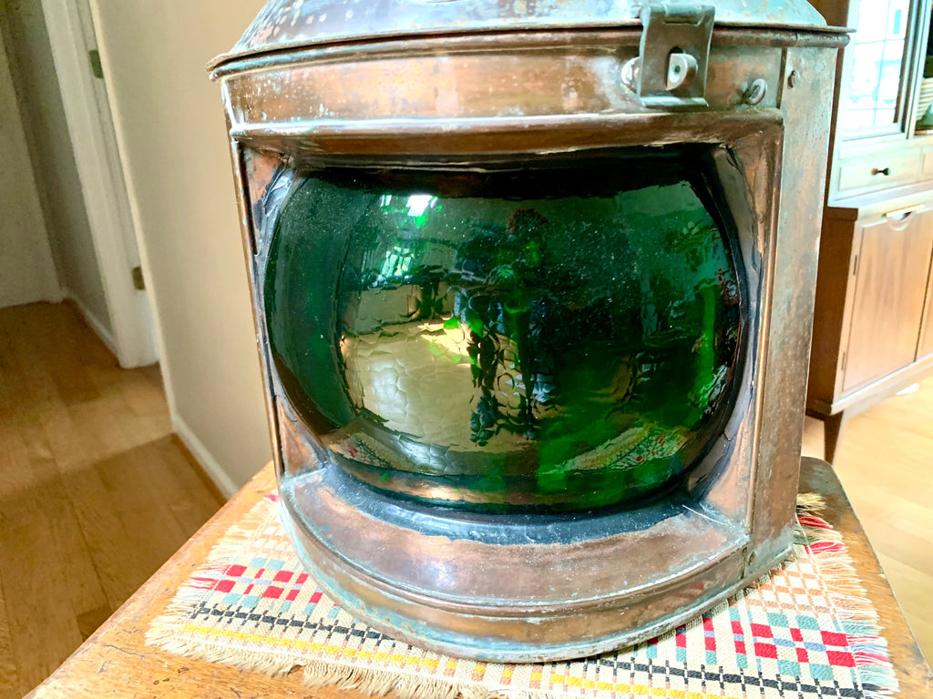 Antique Large Ship's Starboard Lamp | Great Yarmouth Starboard Lamp | 24" Copper Starboard Lamp | Green Lens Ship Lamp | Nautical Lamp