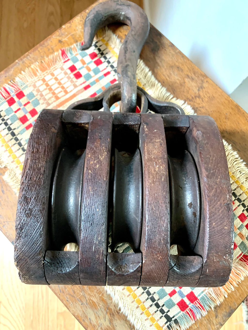 Antique Wood Triple Block Pulley | Wood Block and Tackle Pulley | Schooner Triple Pulley | Nautical Pulley | Barn Pulley | Maritime Decor