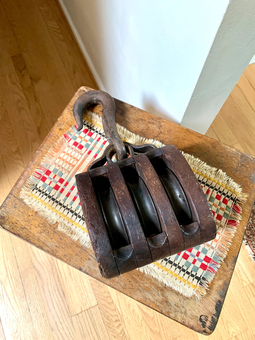 Antique Wood Triple Block Pulley | Wood Block and Tackle Pulley | Schooner Triple Pulley | Nautical Pulley | Barn Pulley | Maritime Decor