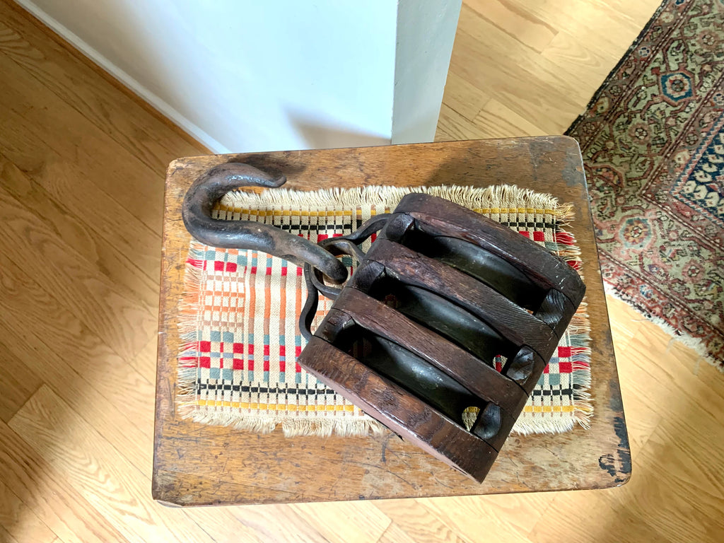 Antique Wood Triple Block Pulley | Wood Block and Tackle Pulley | Schooner Triple Pulley | Nautical Pulley | Barn Pulley | Maritime Decor