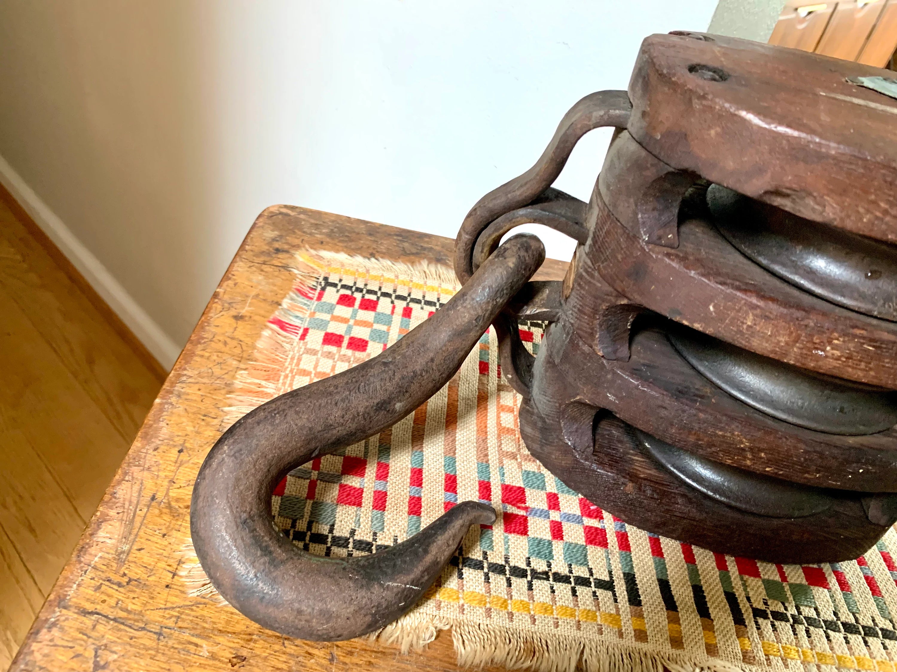 Antique Wood Triple Block Pulley | Wood Block and Tackle Pulley | Schooner Triple Pulley | Nautical Pulley | Barn Pulley | Maritime Decor