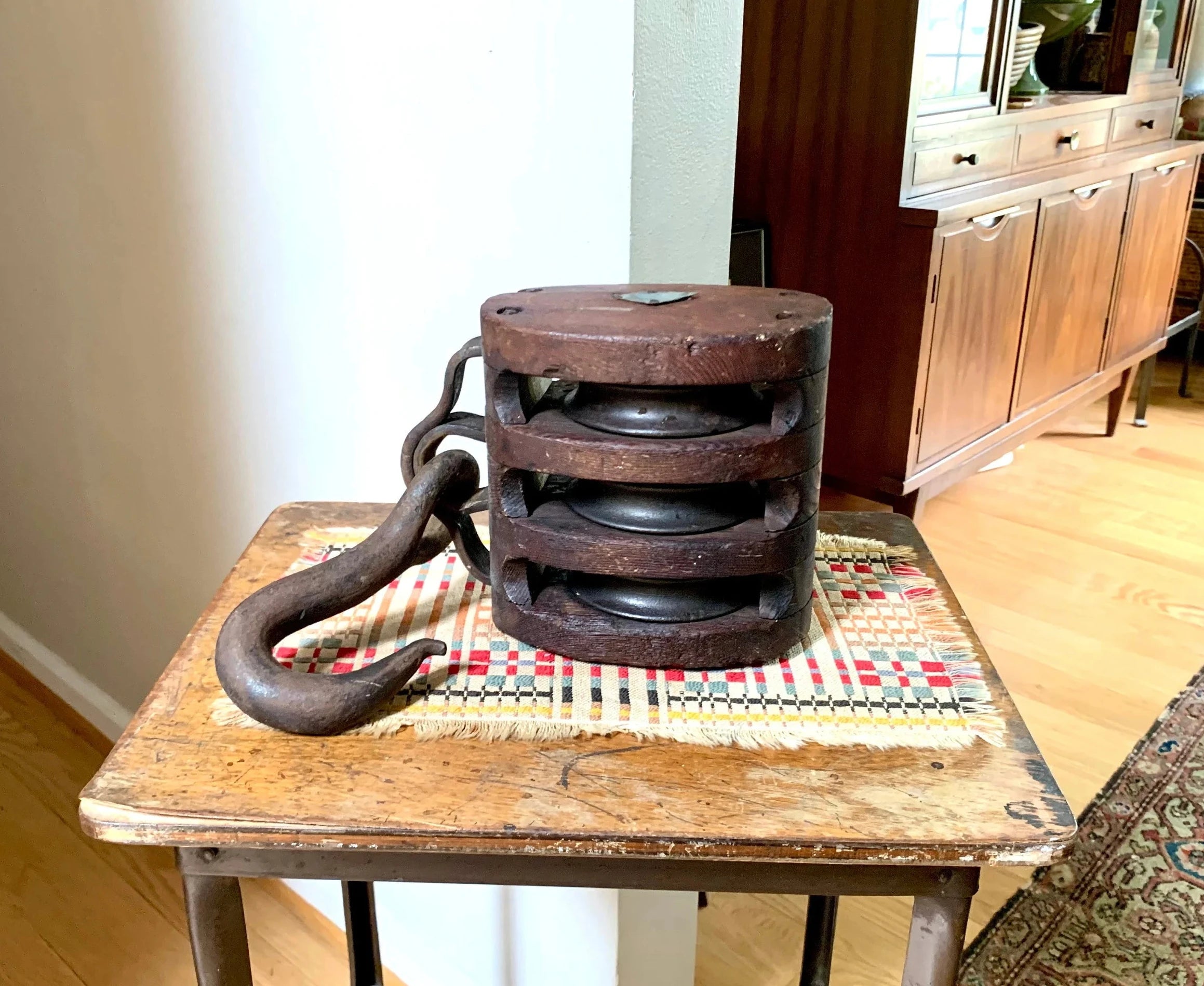 Antique Wood Triple Block Pulley | Wood Block and Tackle Pulley | Schooner Triple Pulley | Nautical Pulley | Barn Pulley | Maritime Decor