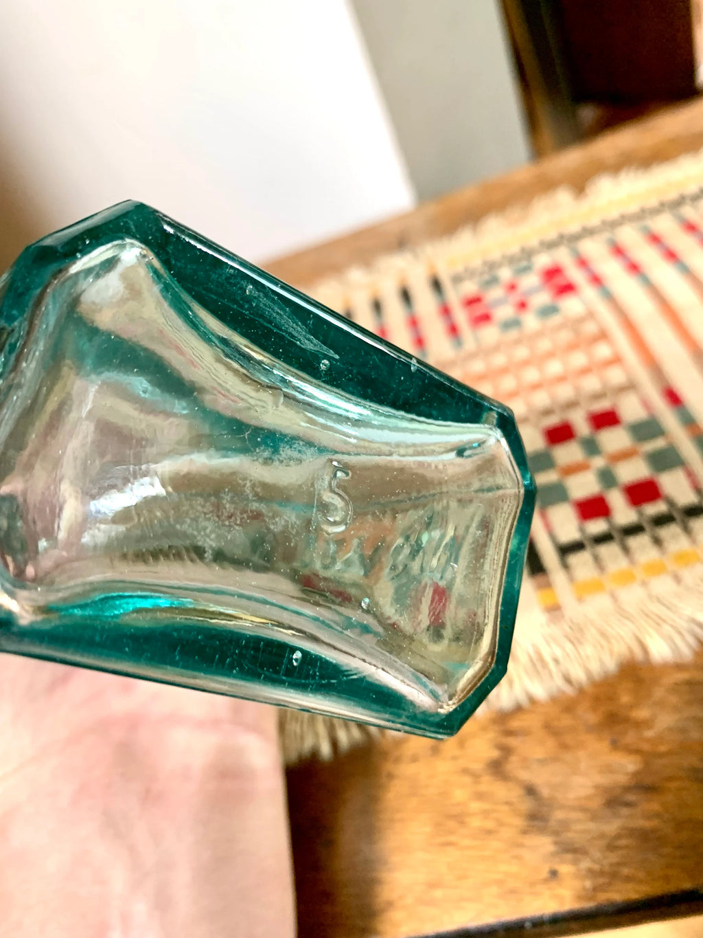 Antique Aqua Glass Sir Robert Burnett & Cos Bottle | London Dry Gin Bottle with Metal Sleeve and Topper| 1800's Bottle With Original Topper