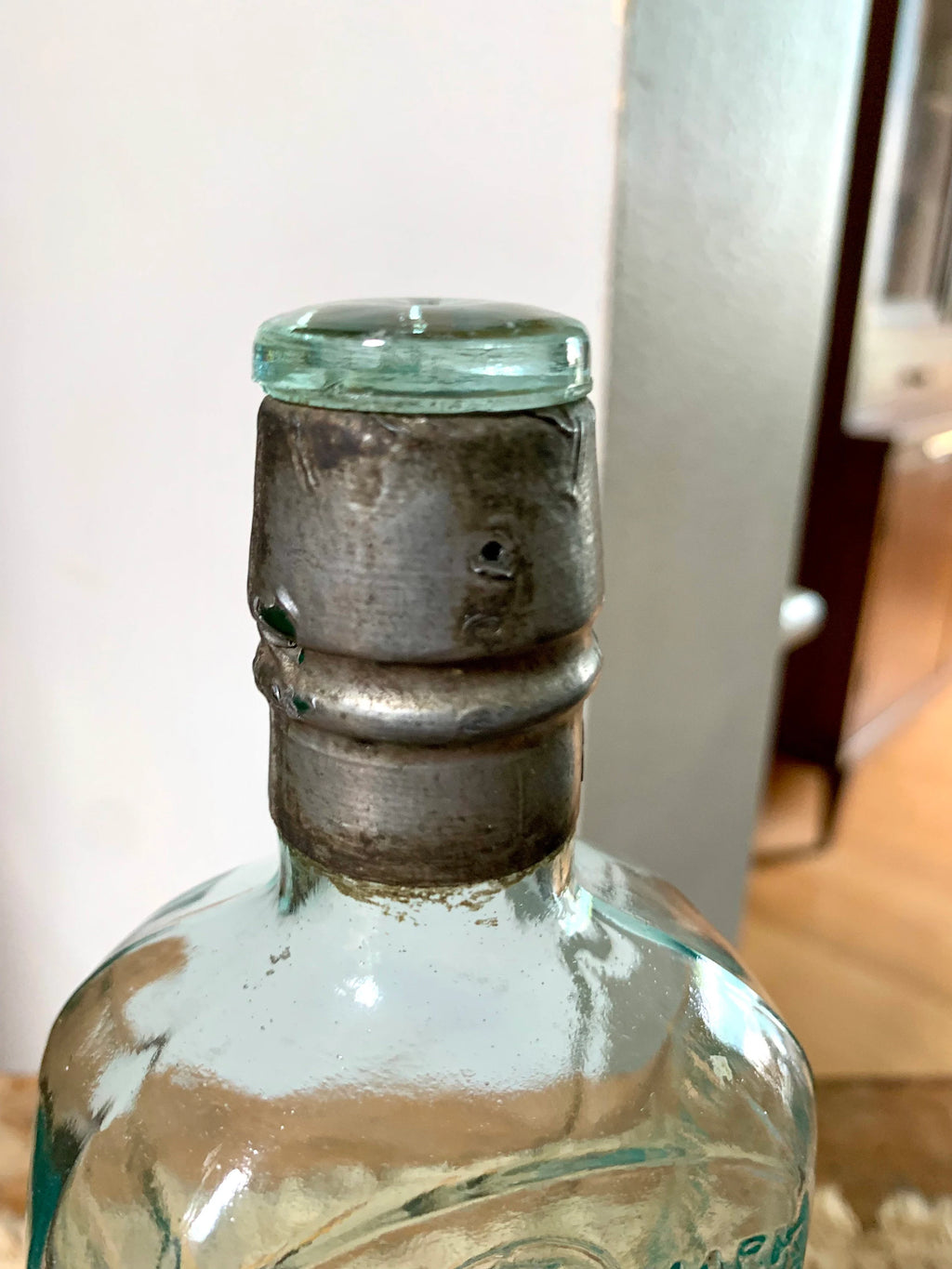 Antique Aqua Glass Sir Robert Burnett & Cos Bottle | London Dry Gin Bottle with Metal Sleeve and Topper| 1800's Bottle With Original Topper