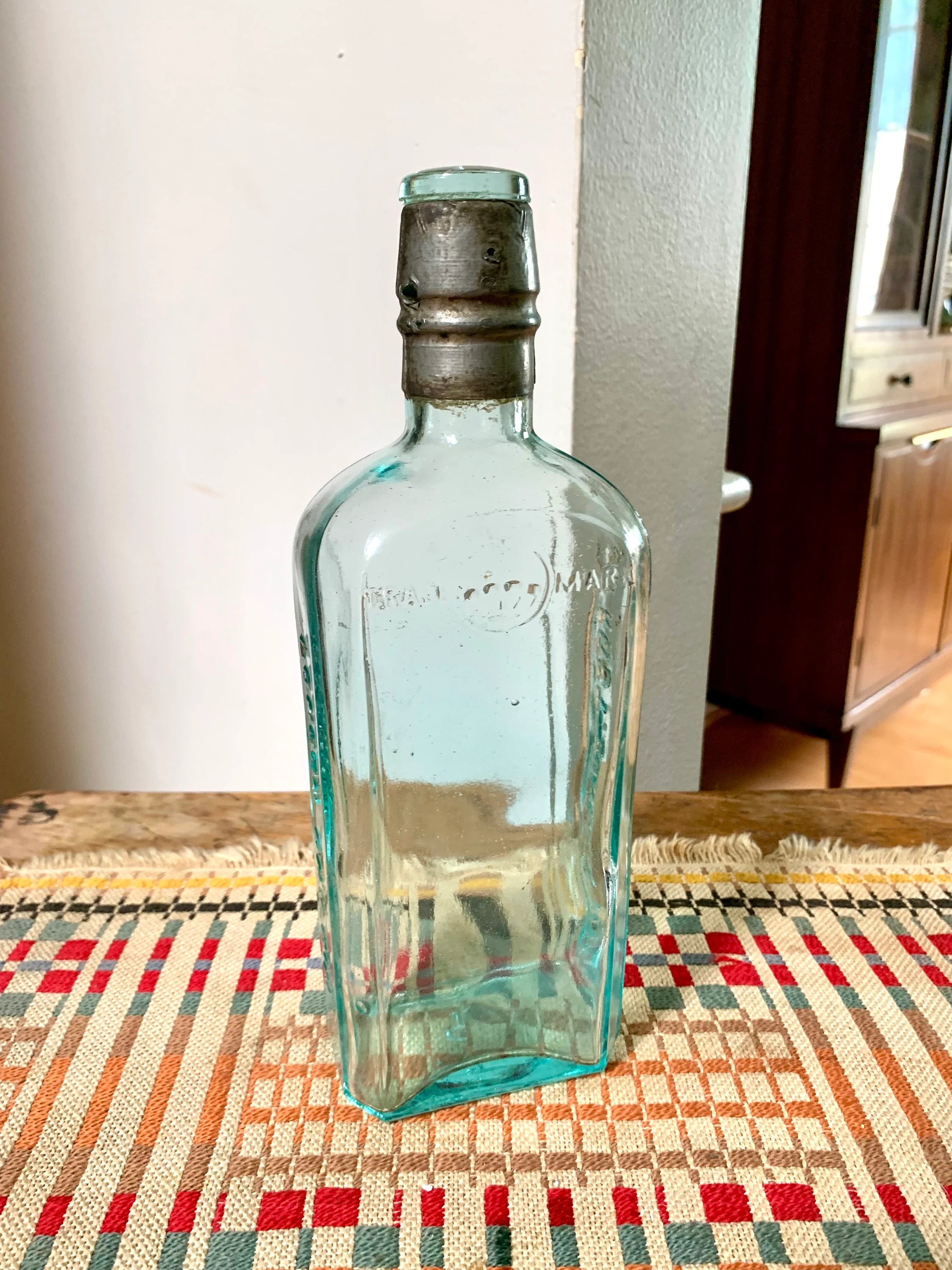 Antique Aqua Glass Sir Robert Burnett & Cos Bottle | London Dry Gin Bottle with Metal Sleeve and Topper| 1800's Bottle With Original Topper