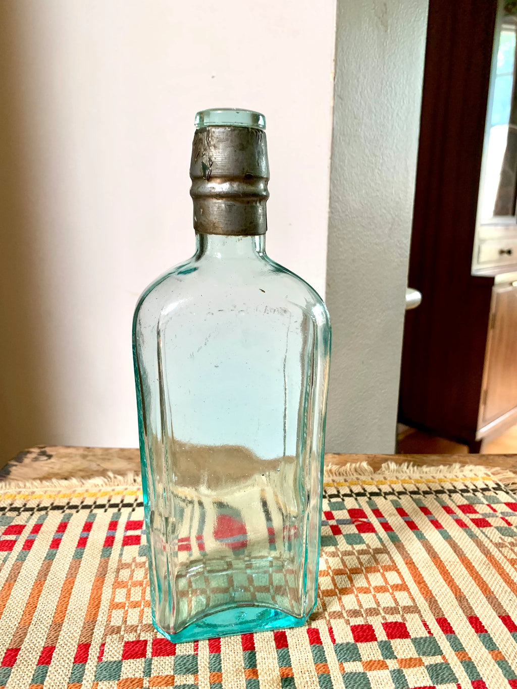 Antique Aqua Glass Sir Robert Burnett & Cos Bottle | London Dry Gin Bottle with Metal Sleeve and Topper| 1800's Bottle With Original Topper