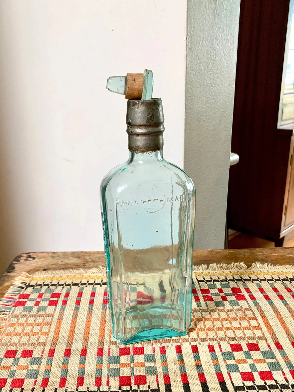Antique Aqua Glass Sir Robert Burnett & Cos Bottle | London Dry Gin Bottle with Metal Sleeve and Topper| 1800's Bottle With Original Topper