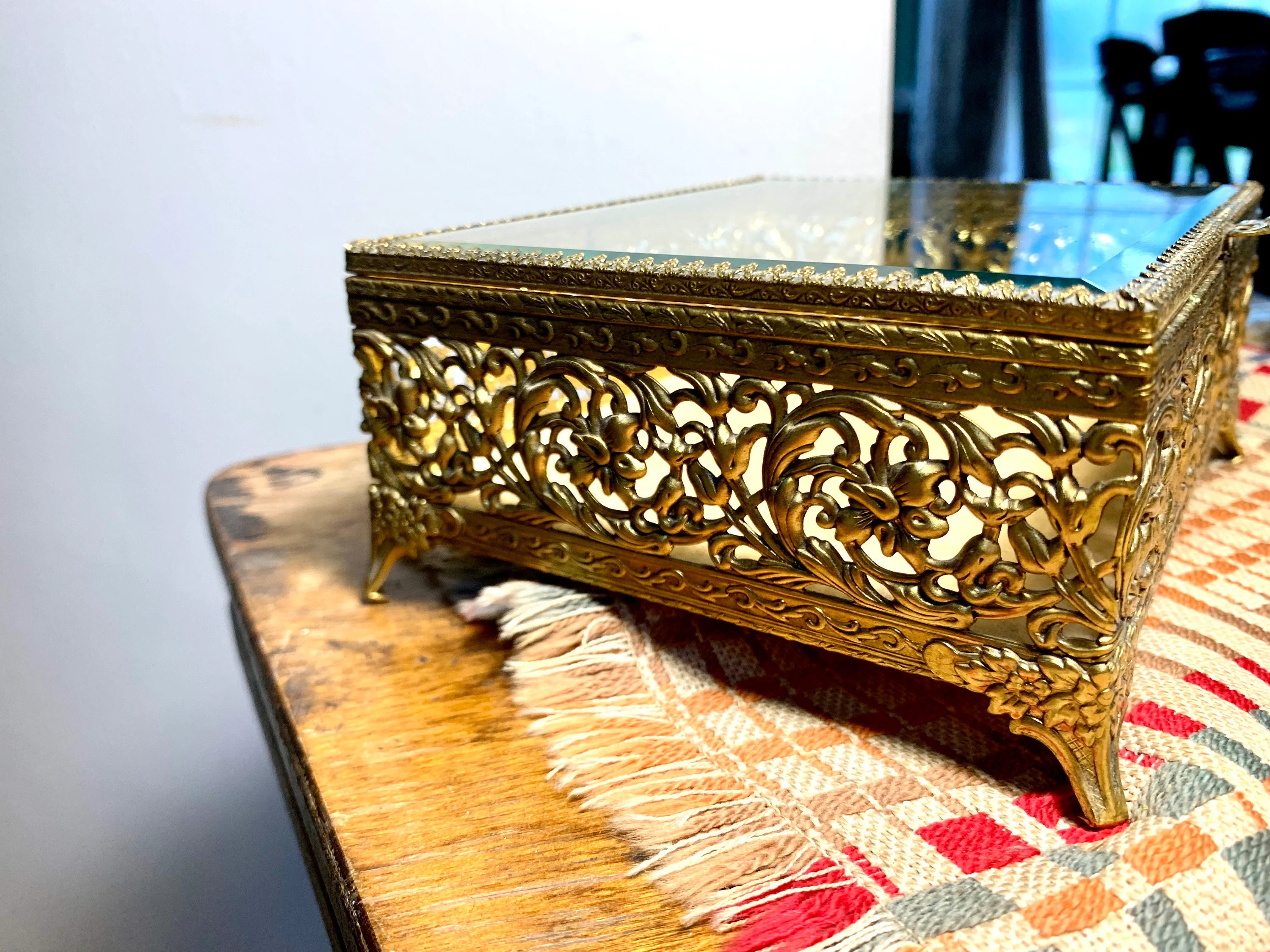 Gold Ormolu Vanity Box | Gold Ornate Footed Jewelry Box | Beveled Glass Gold Toned Vanity Box | Gold Tone Gasket Box | Gold Filigree Trinket Box