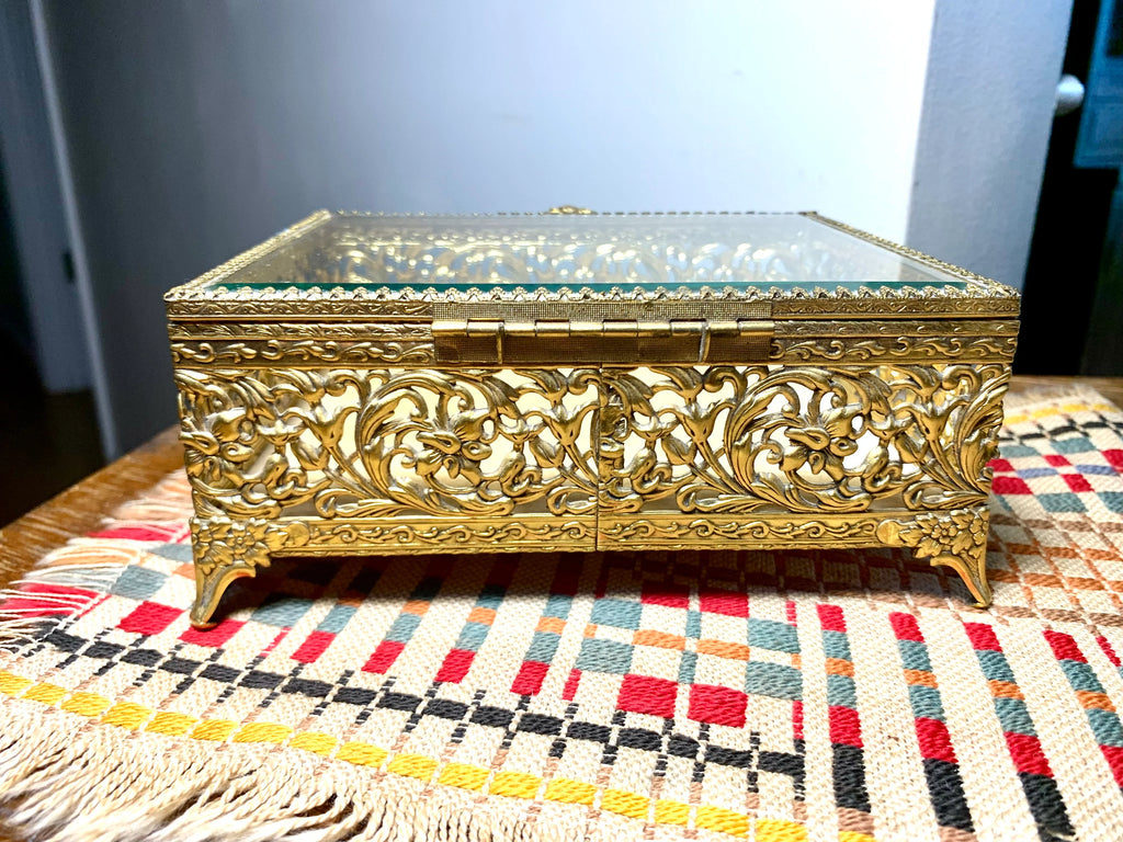 Gold Ormolu Vanity Box | Gold Ornate Footed Jewelry Box | Beveled Glass Gold Toned Vanity Box | Gold Tone Gasket Box | Gold Filigree Trinket Box