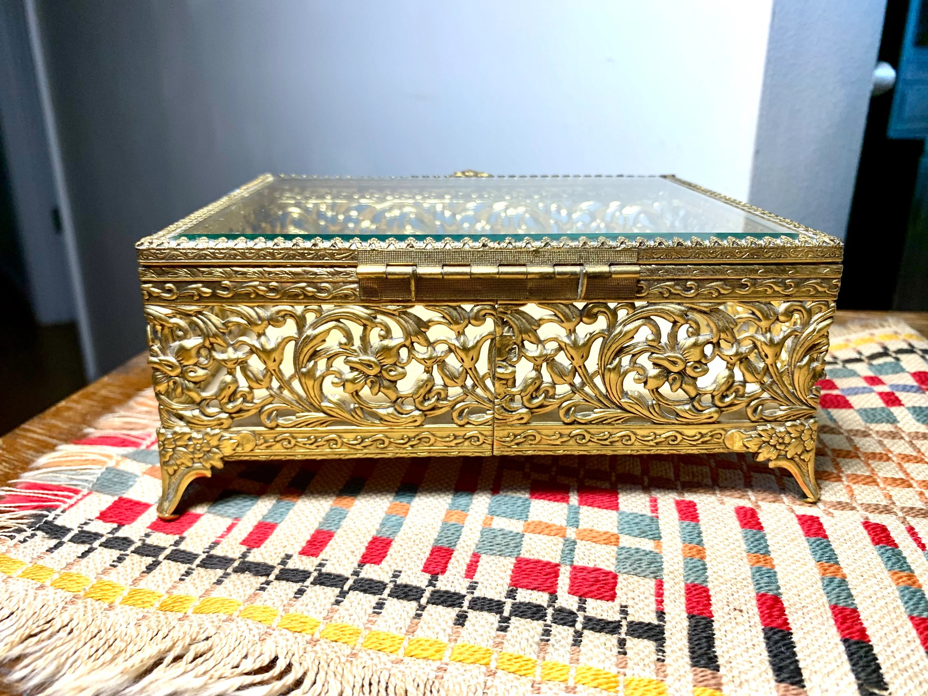 Gold Ormolu Vanity Box | Gold Ornate Footed Jewelry Box | Beveled Glass Gold Toned Vanity Box | Gold Tone Gasket Box | Gold Filigree Trinket Box
