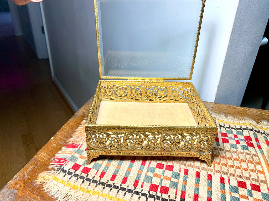Gold Ormolu Vanity Box | Gold Ornate Footed Jewelry Box | Beveled Glass Gold Toned Vanity Box | Gold Tone Gasket Box | Gold Filigree Trinket Box