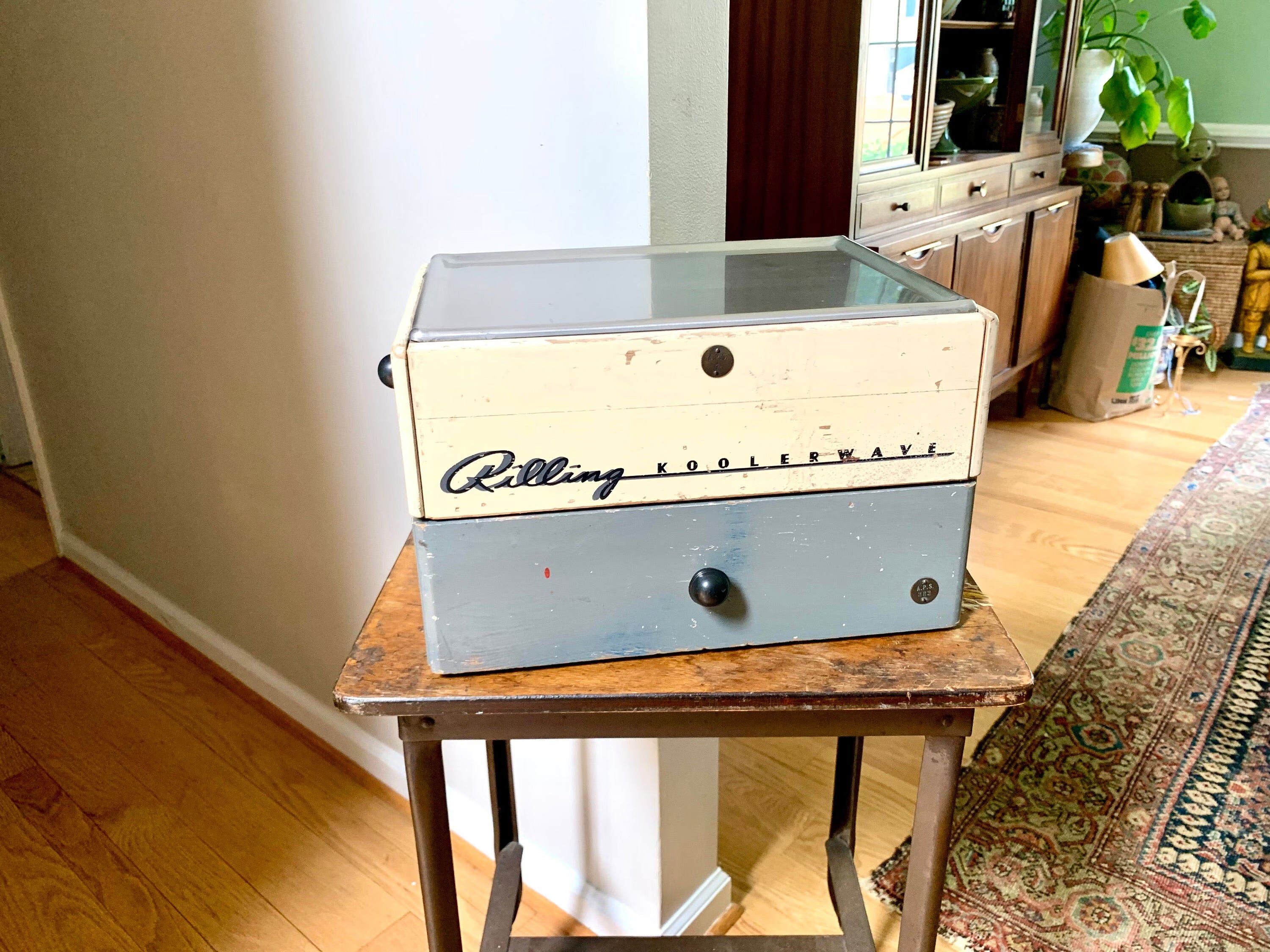 1940's Rilling Koolerwave Wood Salon Box | Vintage Rilling Three Drawer Hair Dressers Box | 1940's Storage Box | Stainless Steel Top Box