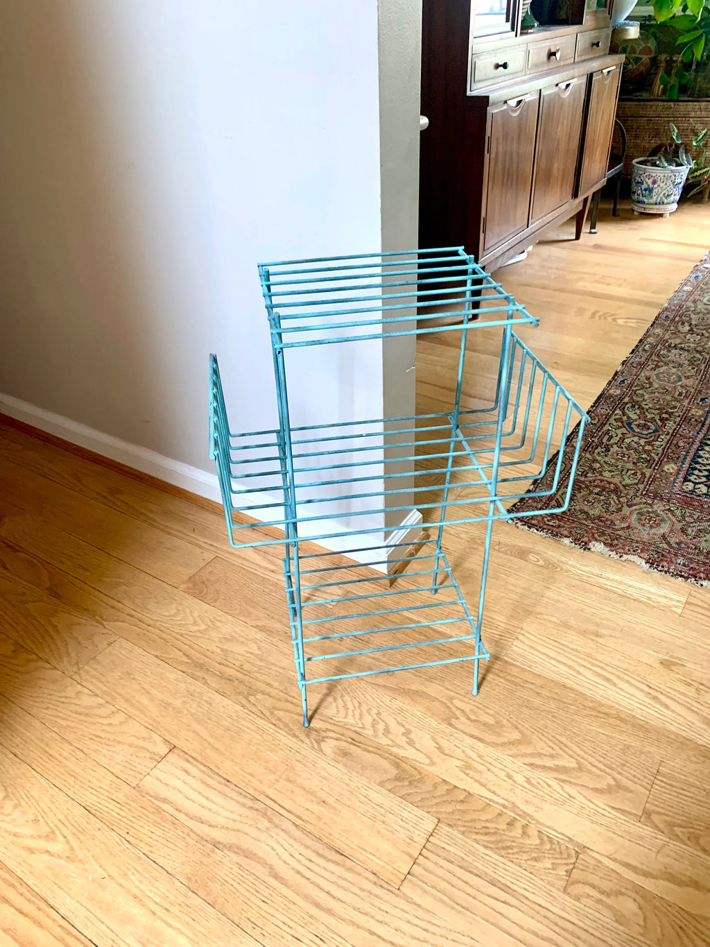 Eames Style Telephone Stand | Mid Century Telephone Stand | MCM Wire Stand | Vintage Turquoise Rustic Wire Stand | Three Tiered Plant Stand