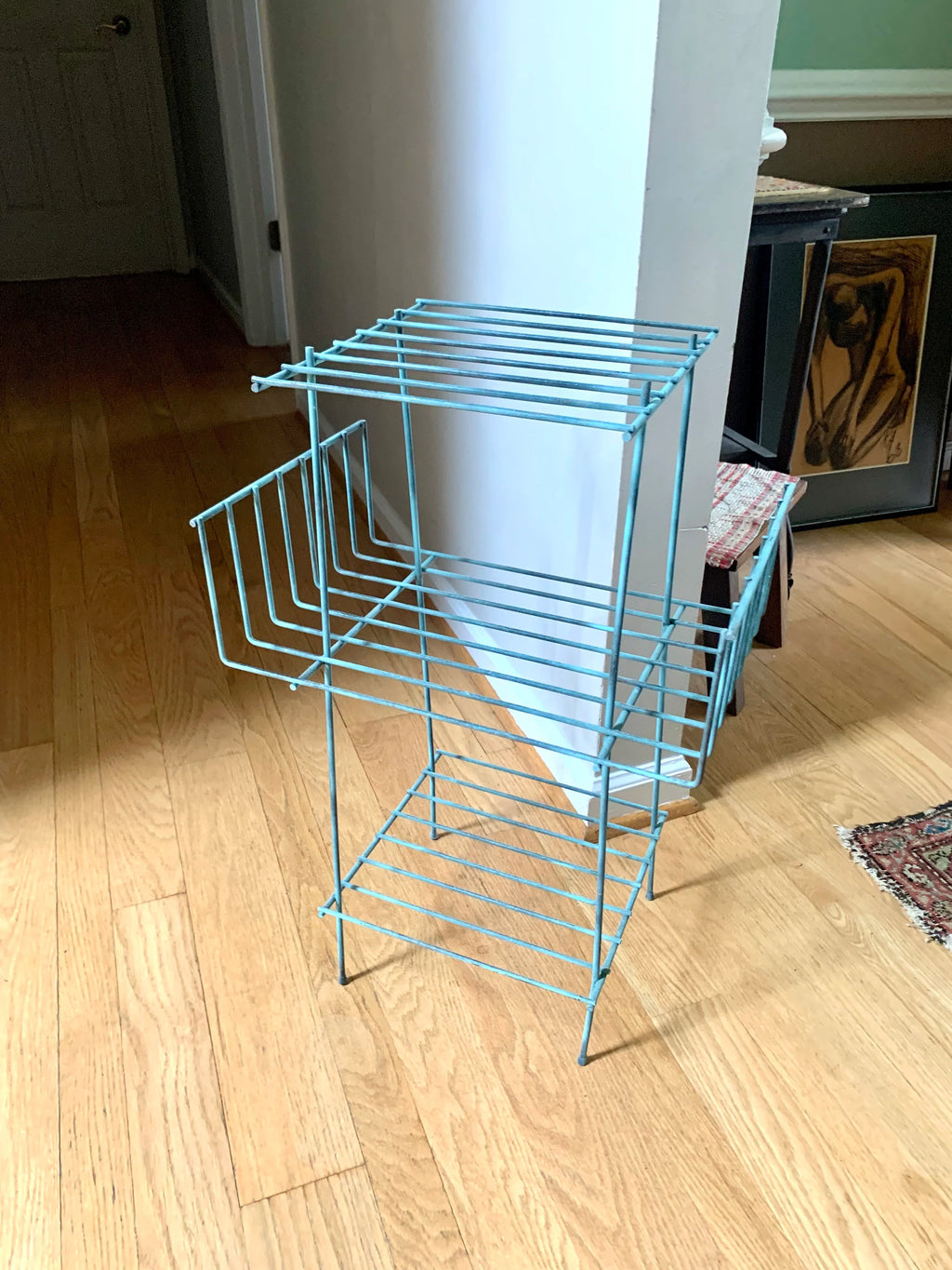 Eames Style Telephone Stand | Mid Century Telephone Stand | MCM Wire Stand | Vintage Turquoise Rustic Wire Stand | Three Tiered Plant Stand