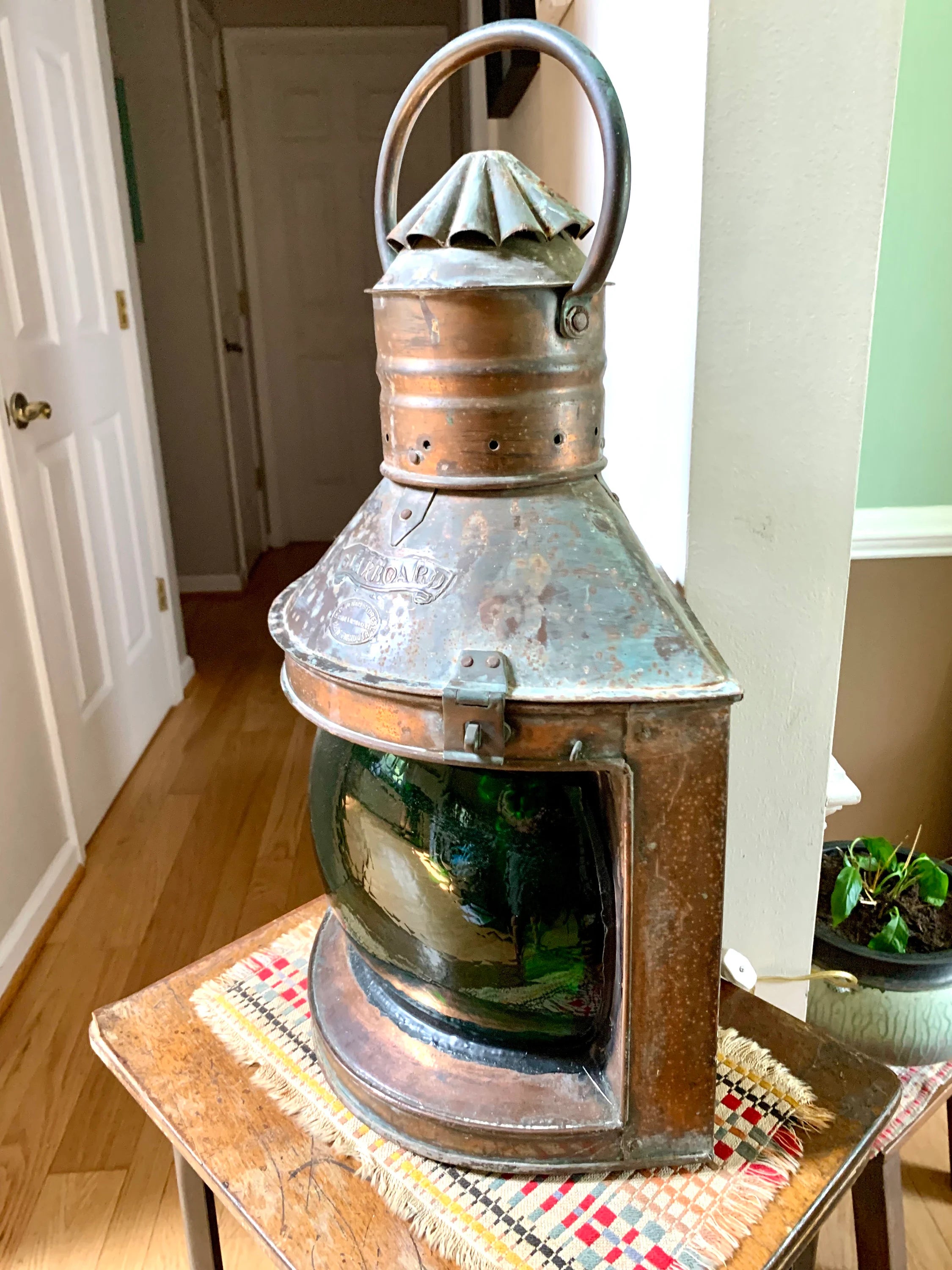 Antique Large Ship's Starboard Lamp | Great Yarmouth Starboard Lamp | 24" Copper Starboard Lamp | Green Lens Ship Lamp | Nautical Lamp