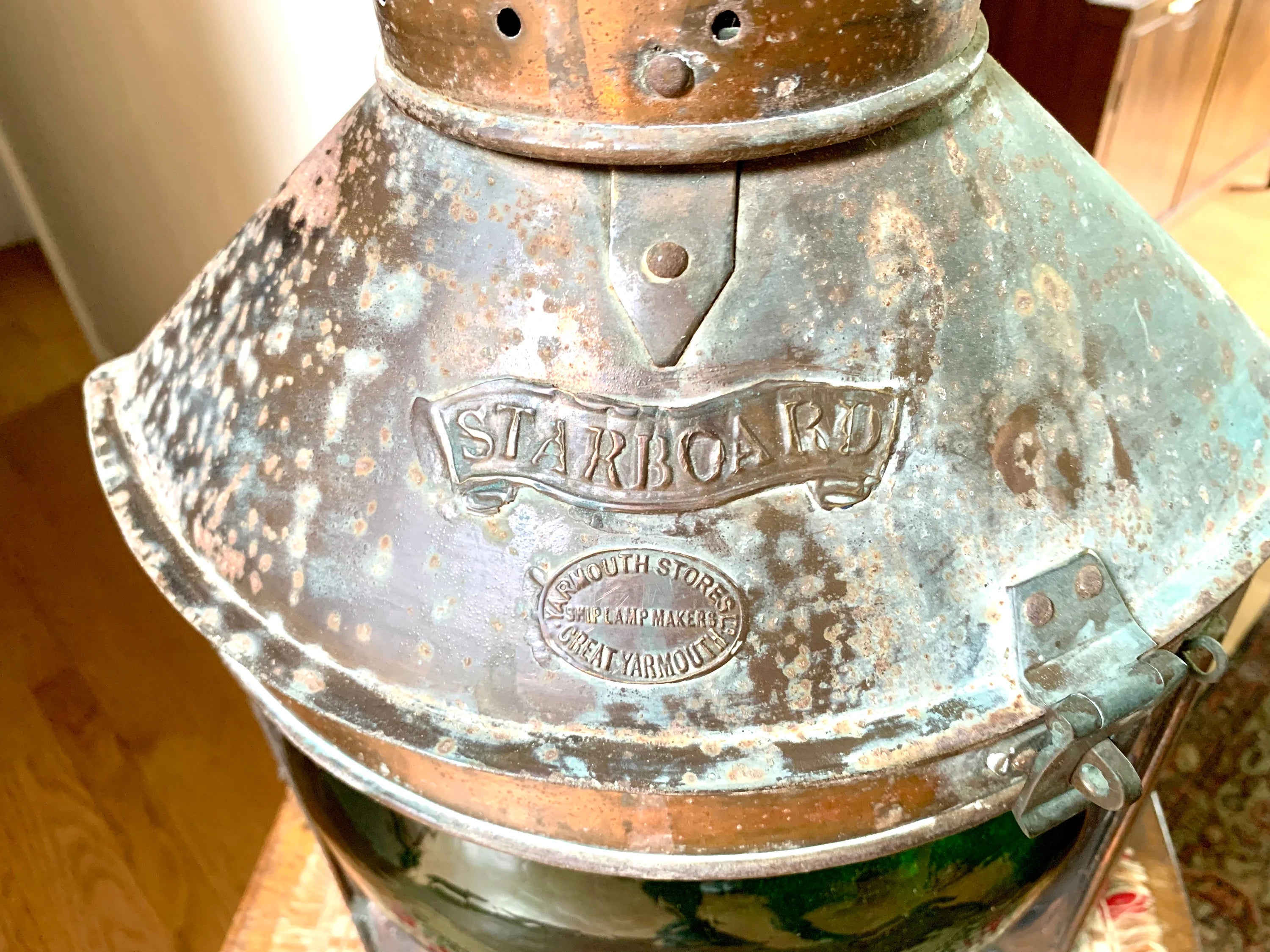 Antique Large Ship's Starboard Lamp | Great Yarmouth Starboard Lamp | 24" Copper Starboard Lamp | Green Lens Ship Lamp | Nautical Lamp