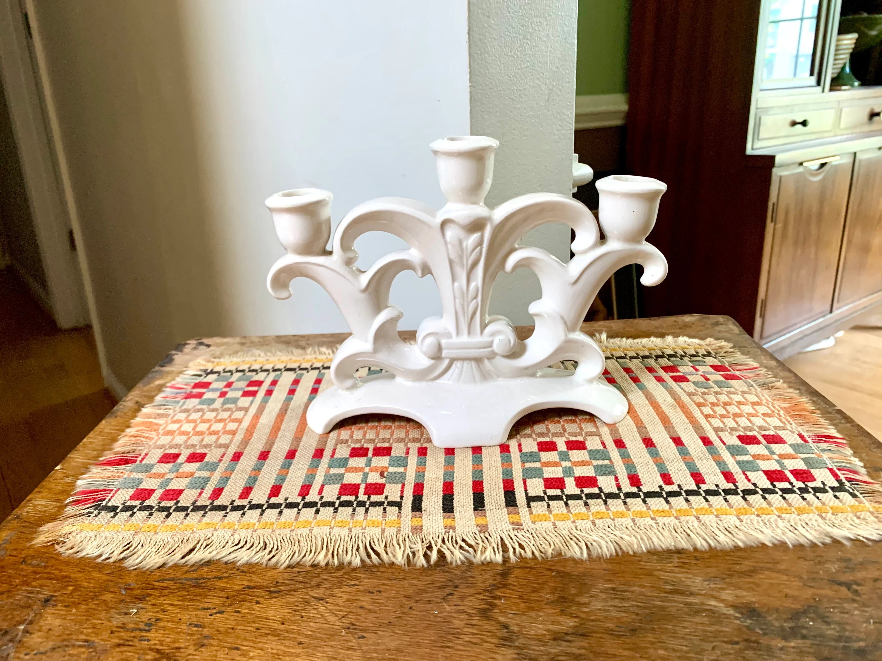 Holland Mold Ceramic Candelabra | Vintage Three Candlestick Ceramic Holder| Mid Century Holiday Candelabra | Ceramic Off White Candle Holder